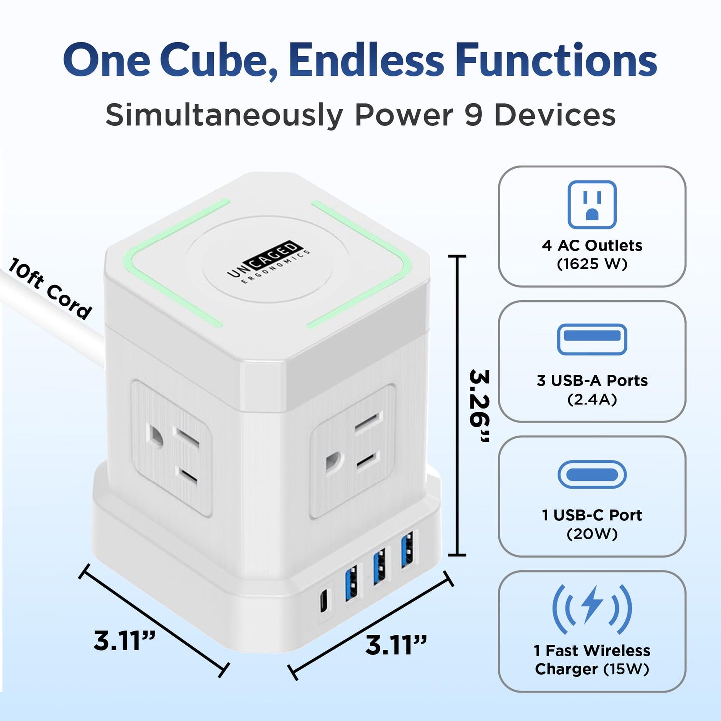 Uncaged Ergonomics Wireless Cube Charger & Power Strip with USB Ports, Surge Protection, 10ft Extension Cord with Wireless Charger, 4 AC Plugs & 3 USB