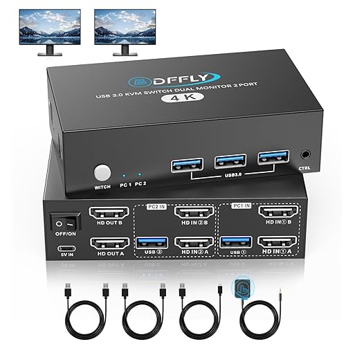 USB 3.0 HDMI KVM Switch 2 Monitors 2 Computers 4K@60Hz, KVM Switches Dual Monitor with 3 USB 3.0 Ports Sharing Keyboard and Mouse, Printer/Scanner