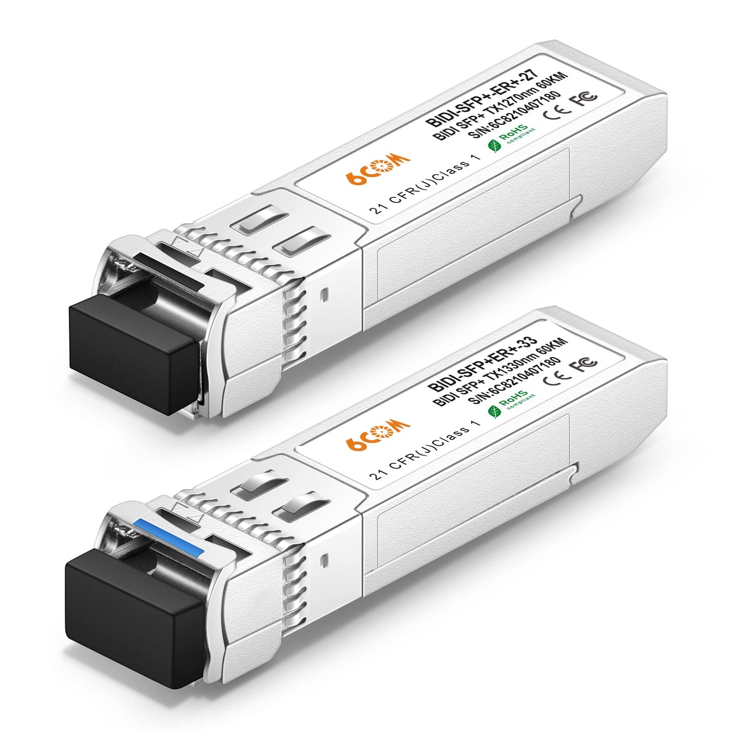 6COM a Pair of 10G BiDi SFP+ Transceiver, 10GBase-BIDI 1270nm/1330nm SMF, up to 60km, Compatible with Cisco, Ubiquiti, Mikrotik, D-Link, Supermicro
