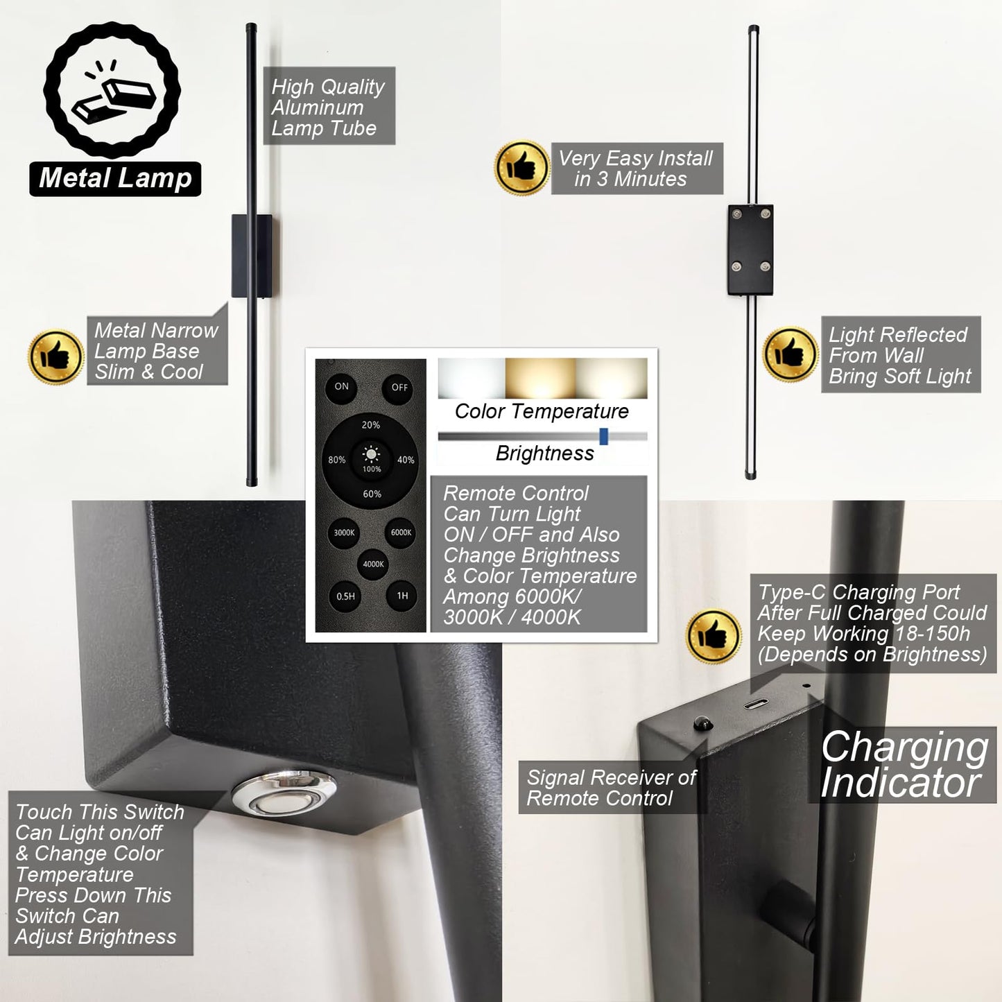 Easy Install Peel and Stick on Battery Operated Wall Sconces Set of 2 Rechargeable, Magnetic Linear Wall Sconce Wireless Long Picture Vanity Wall