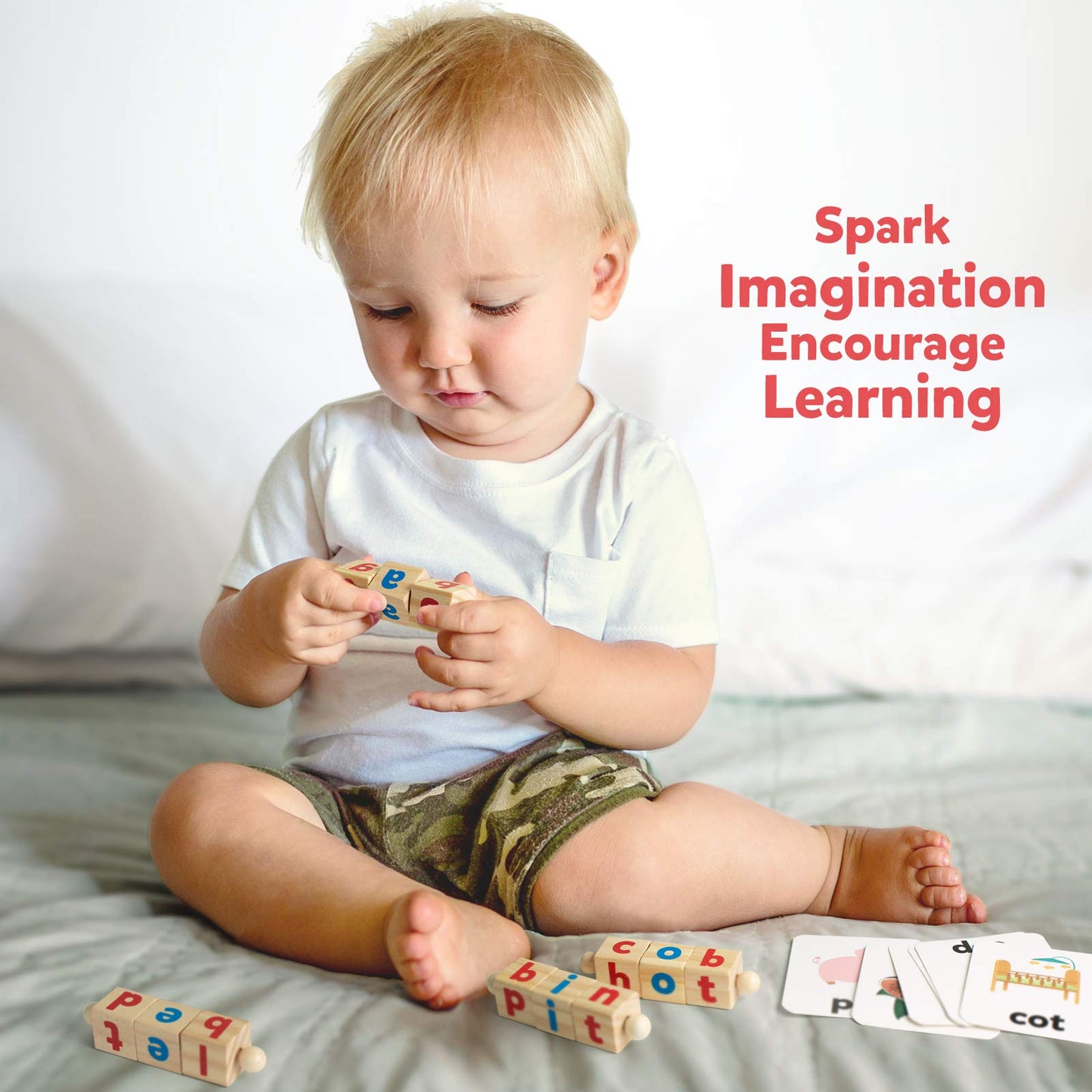 Coogam Wooden Reading Blocks – Short Vowel Rods Spelling Game with Rotating Letter Puzzle & Flash Cards, Montessori Learning Toy for Preschool Kids