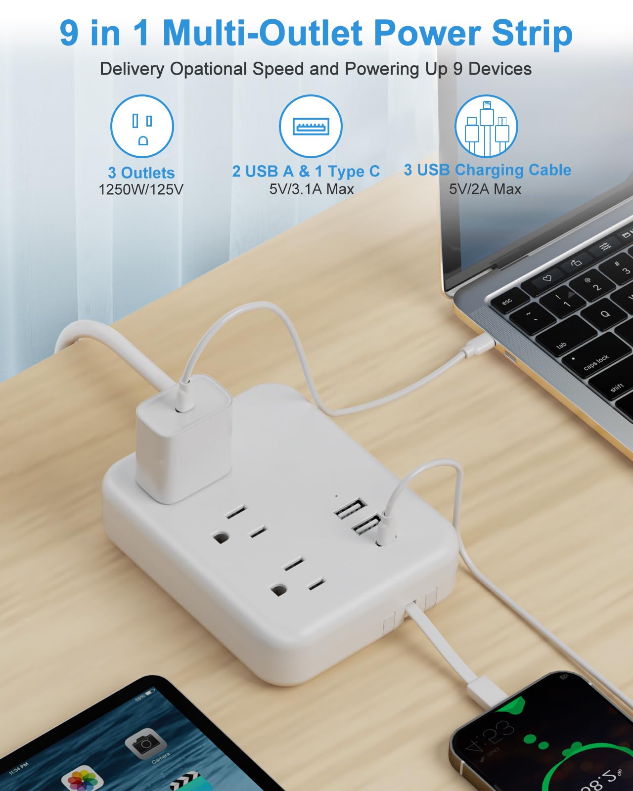 Travel Power Strip with USB Ports, 3 Built-in Cables, Flat Plug Extension Cord, 3 Outlets 6 USB with 5 FT Flat Extension Cord, Compact for Hotel