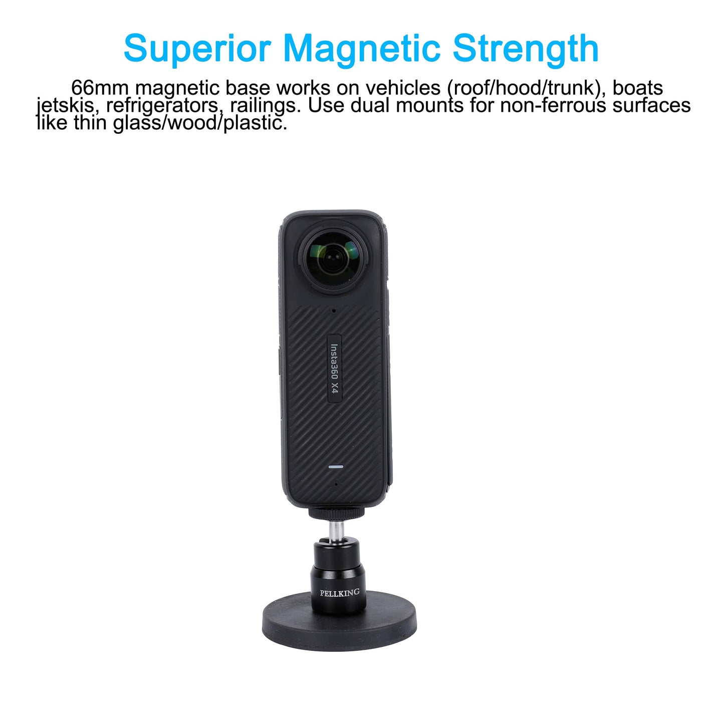 PellKing Magnetic Camera Mount for Insta360 X5 X4 X3-360° Adjustable Ball Head -Compatible with All Action Cameras on Cars, Boats, Metal Surfaces