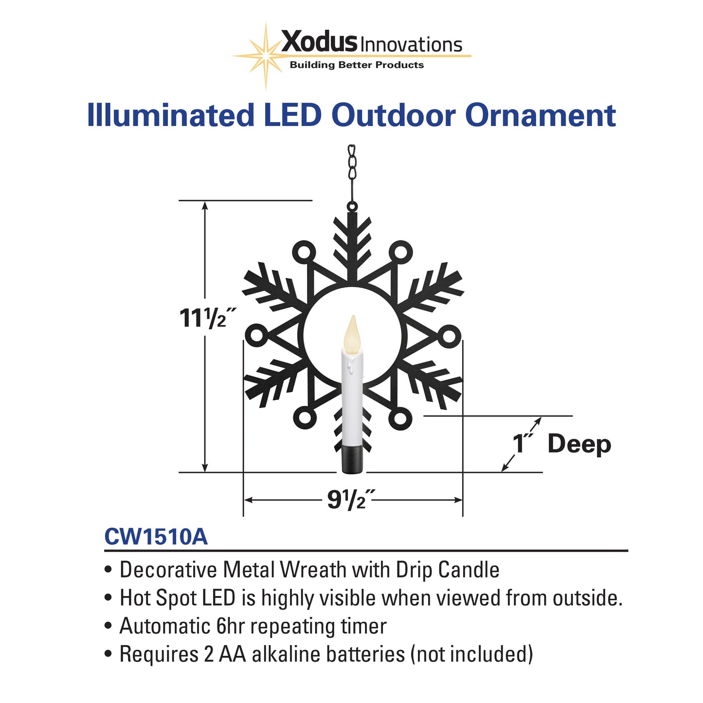 Xodus Innovations CW1510A 4 Battery Powered Metal Snowflake Window Wreaths with Hot Spot Flameless Candle Light and Automatic Timer