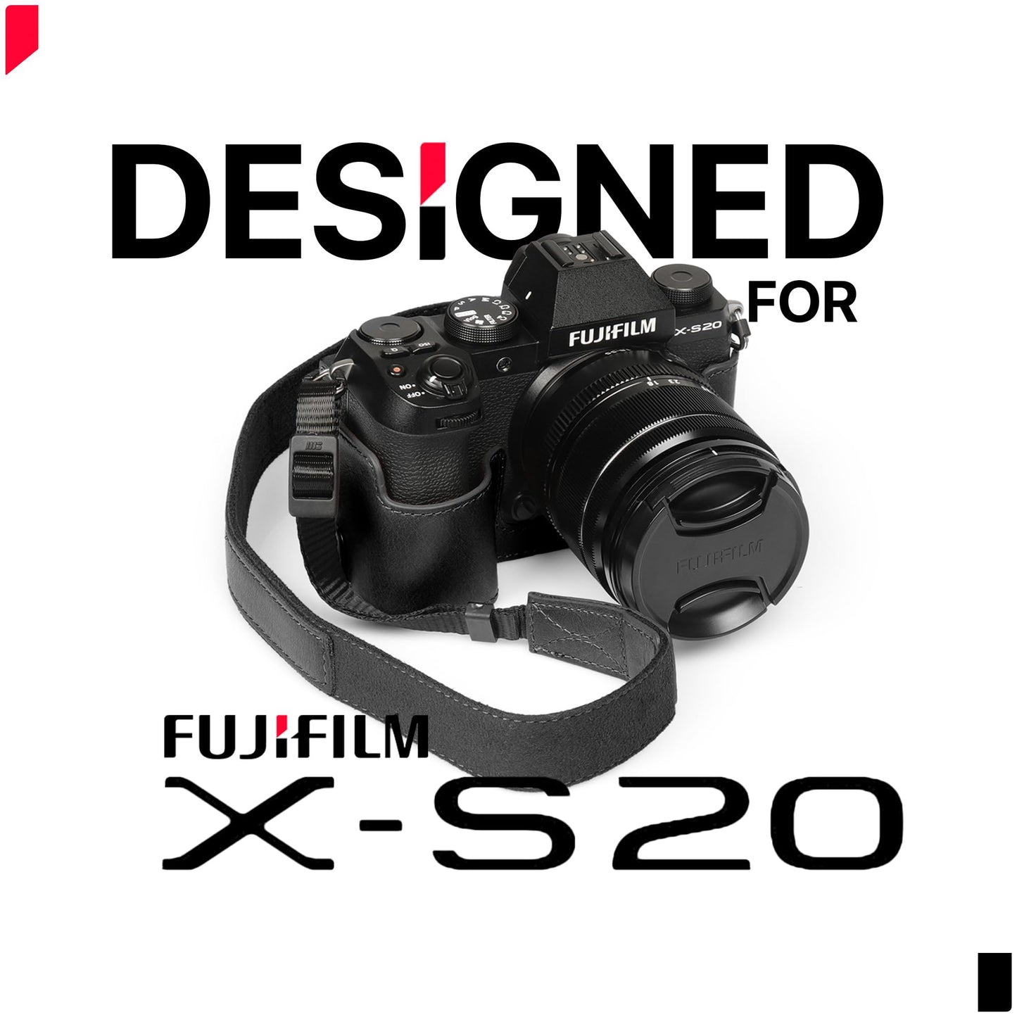Mega Gear Genuine Leather Half Camera Case for Fujifilm X-S20 - Stylish and Protective Digital Photography Bag - Black