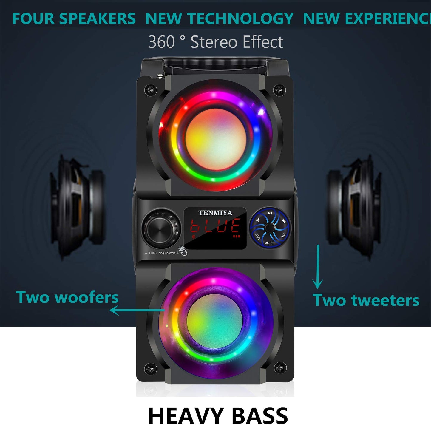 Bluetooth Speaker, 40W (60W Peak) Portable Wireless Speaker with Colorful Lights, Double Subwoofer Heavy Bass, FM Radio, MP3 Player, Bluetooth 5.0