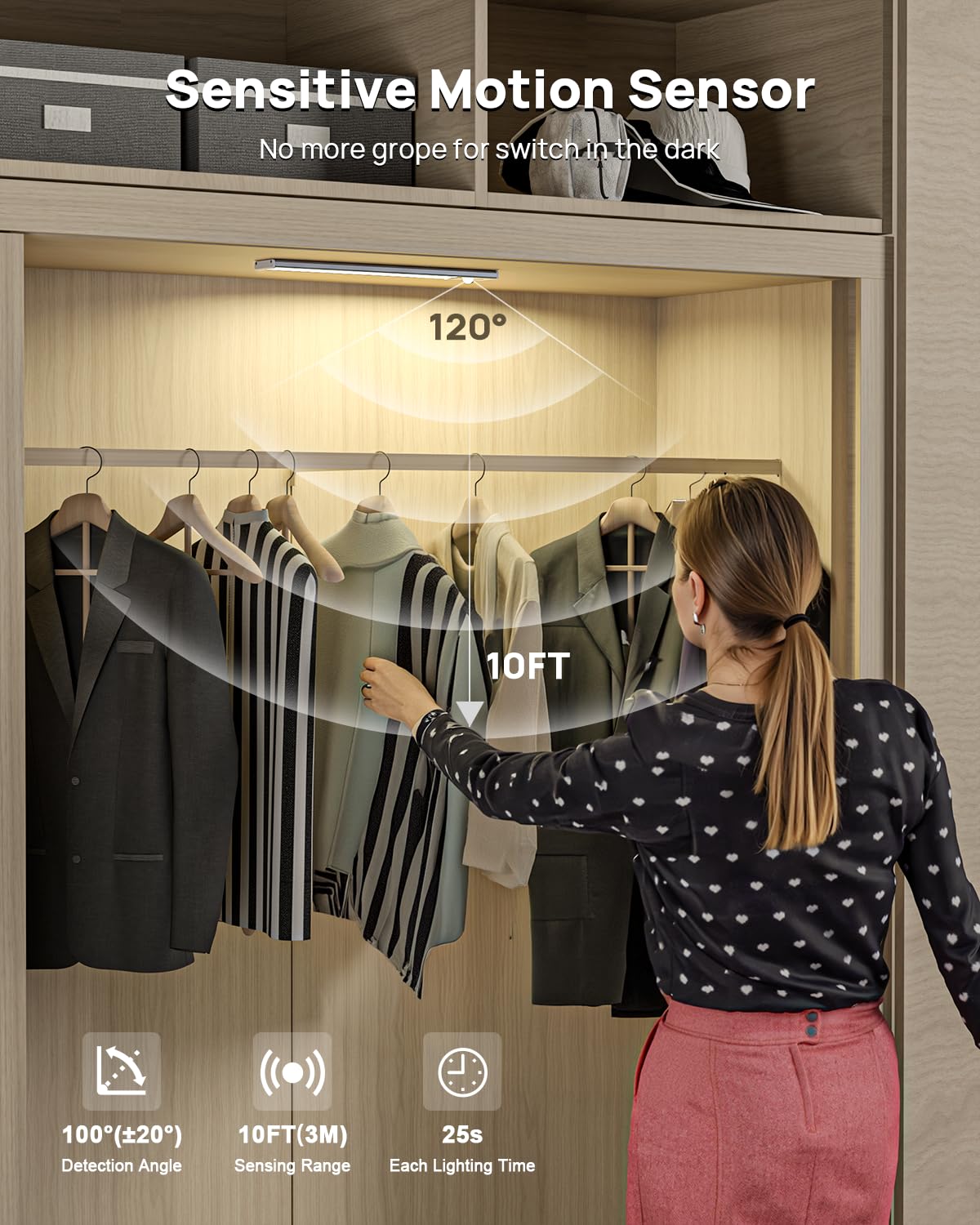 9inch Under Cabinet Lighting Wireless, Rechargeable Motion Sensor Indoor Light, 3 Color Temps & Dimmable Closet Lights with Remote, Magnetic Under