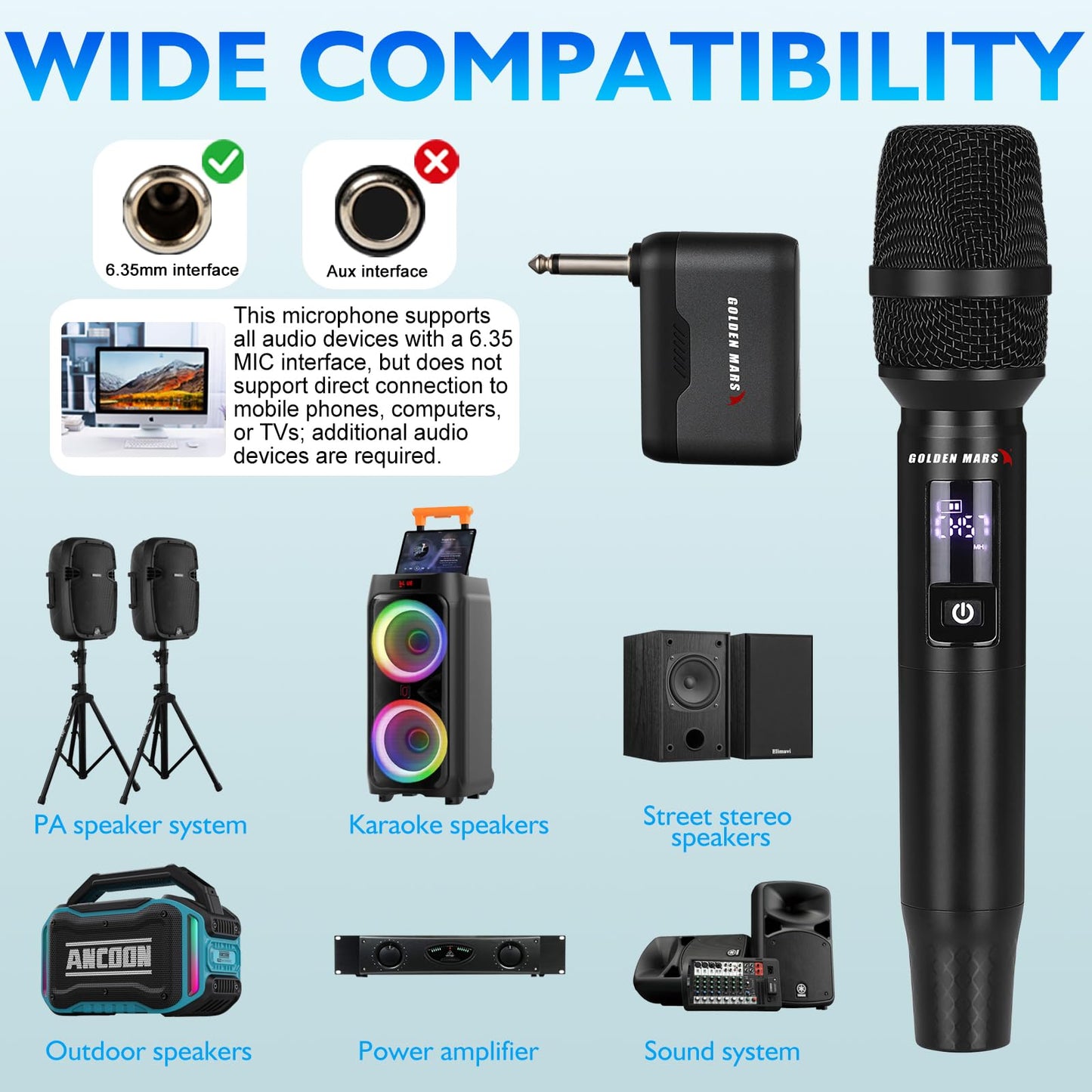 GOLDEN MARS Wireless Microphone, Upgraded 2.4GHz Rechargeable Professional 2 Pack Handheld Microphones with Stable Reception Up to 300 FT for Singing