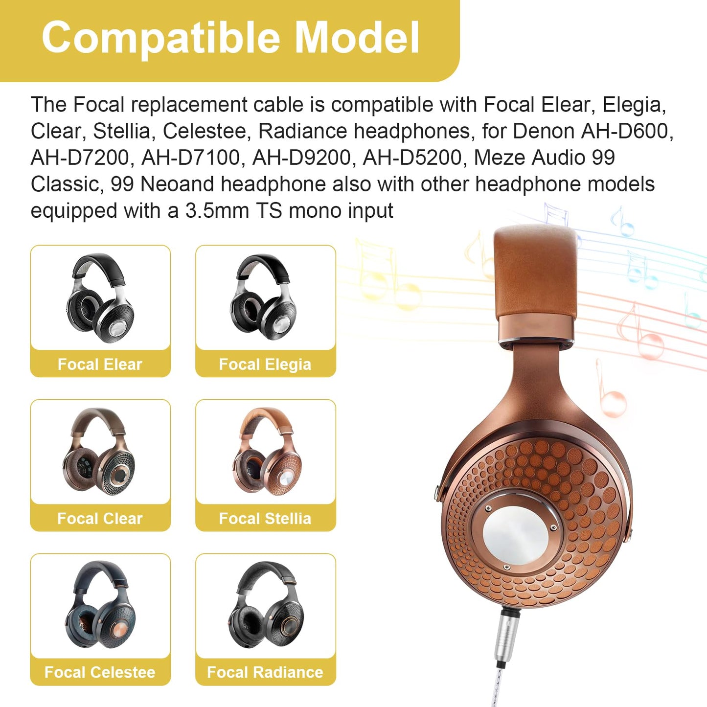 Zosvoses Focal Headphone Cable Compatible with Focal Elear, Elegia, Clear, Stellia, Celestee Headphones, Replacement Audio Cable with 6.35mm Adapter…