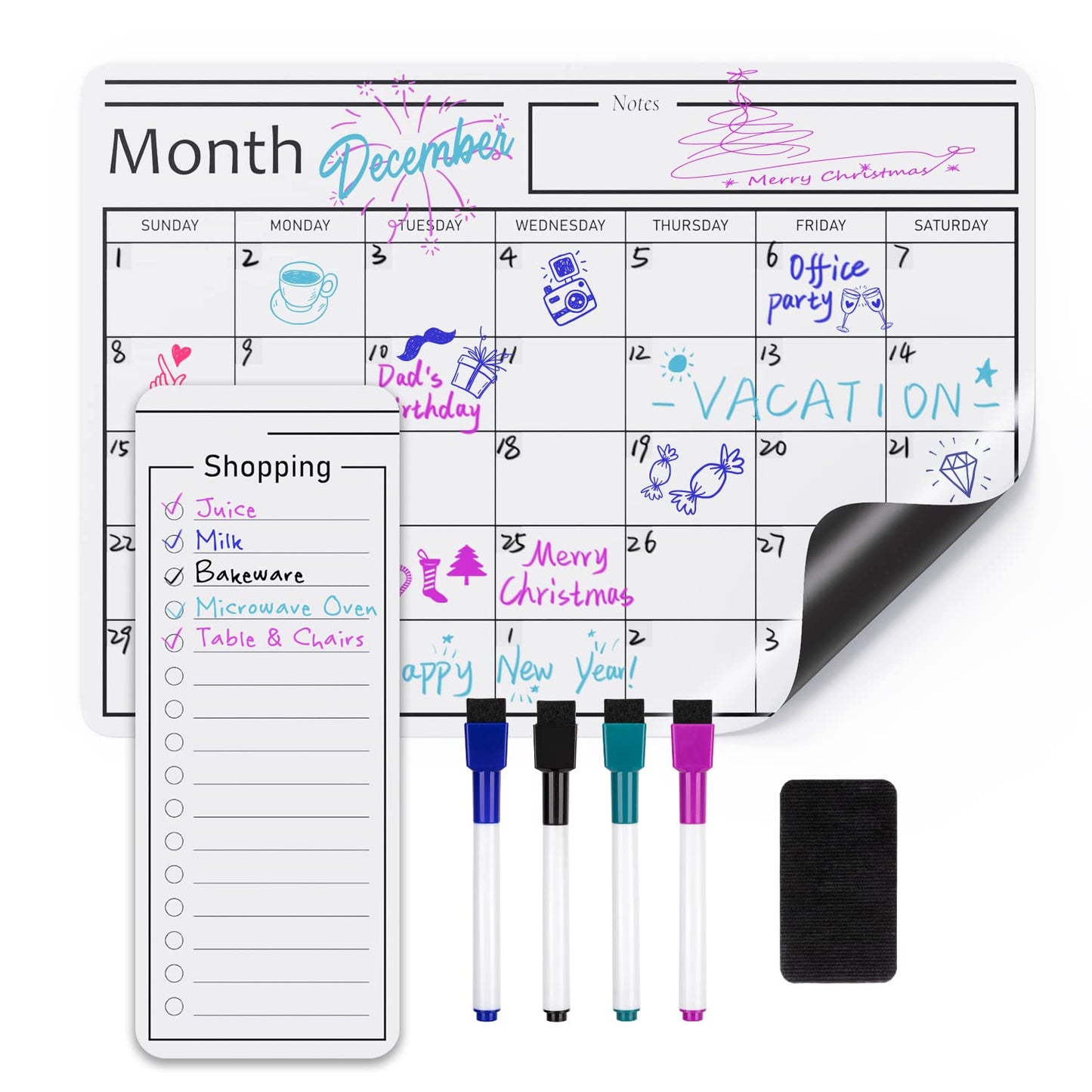 Amazon Basics Magnetic Dry Erase Whiteboard Calendar for Fridge, Easy to Clean, Schedule Organizer, 12" x 17", Includes 4 Markers and Eraser