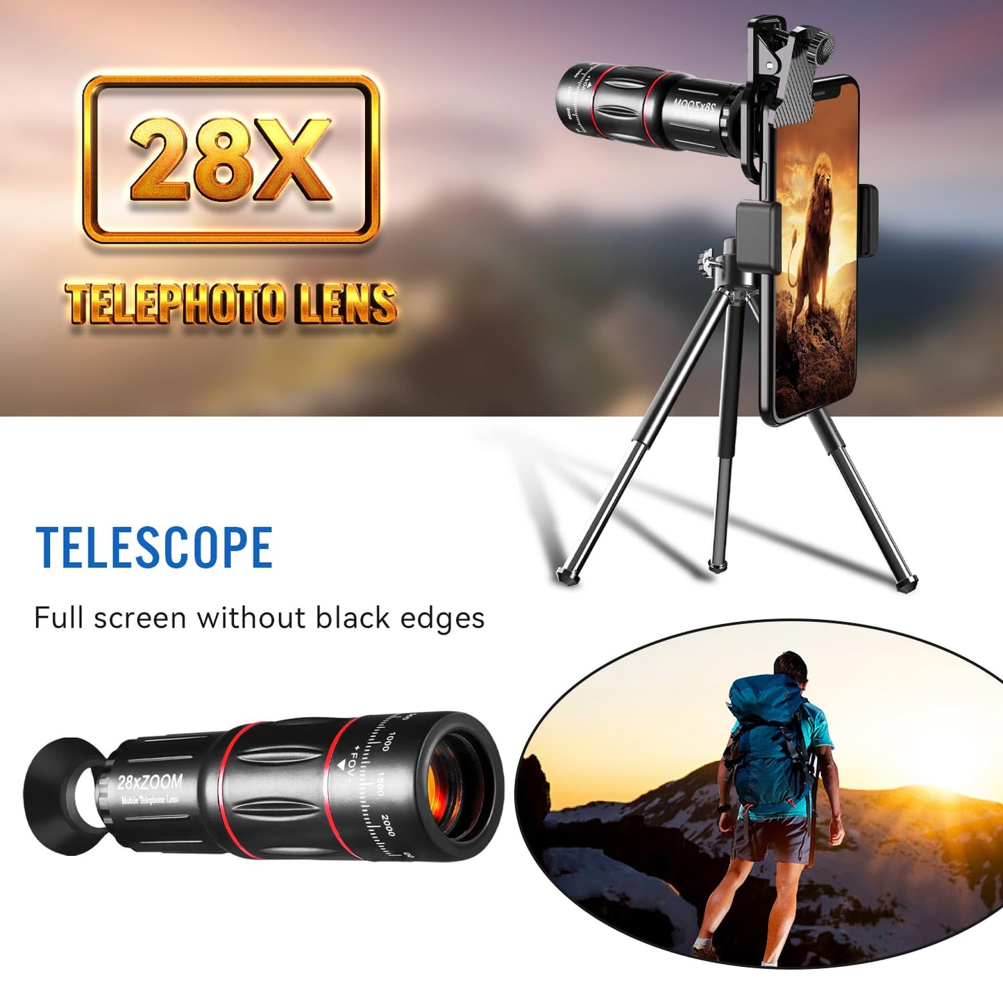HYTAMY Cell Phone Camera Lens Kit Upgraded Version Telephoto 28X with Wide Angle 0.6X, Macro 20x, Fisheye 198°, Phone Lens Attachment Suitable