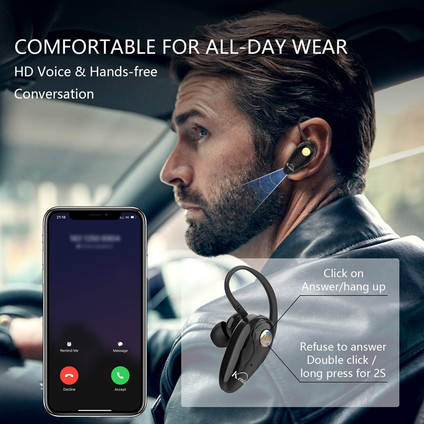Kendir Bluetooth Headset, V5.0 Ultralight Wireless Headphone Cell Phone Earpiece with Mic Headsetcase,Volume Control, Handsfree Earbud,Compatible