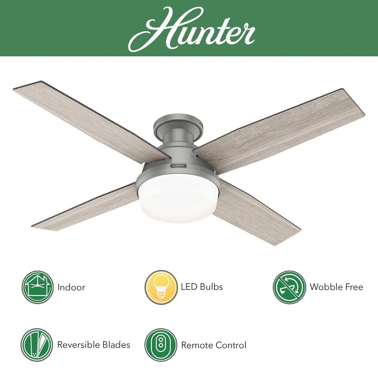 Hunter Fan 52 inch Low Profile Matte Silver Indoor Ceiling Fan with LED Light and Remote Control, Holiday Gift for Bedroom, Living Room, Dining Room