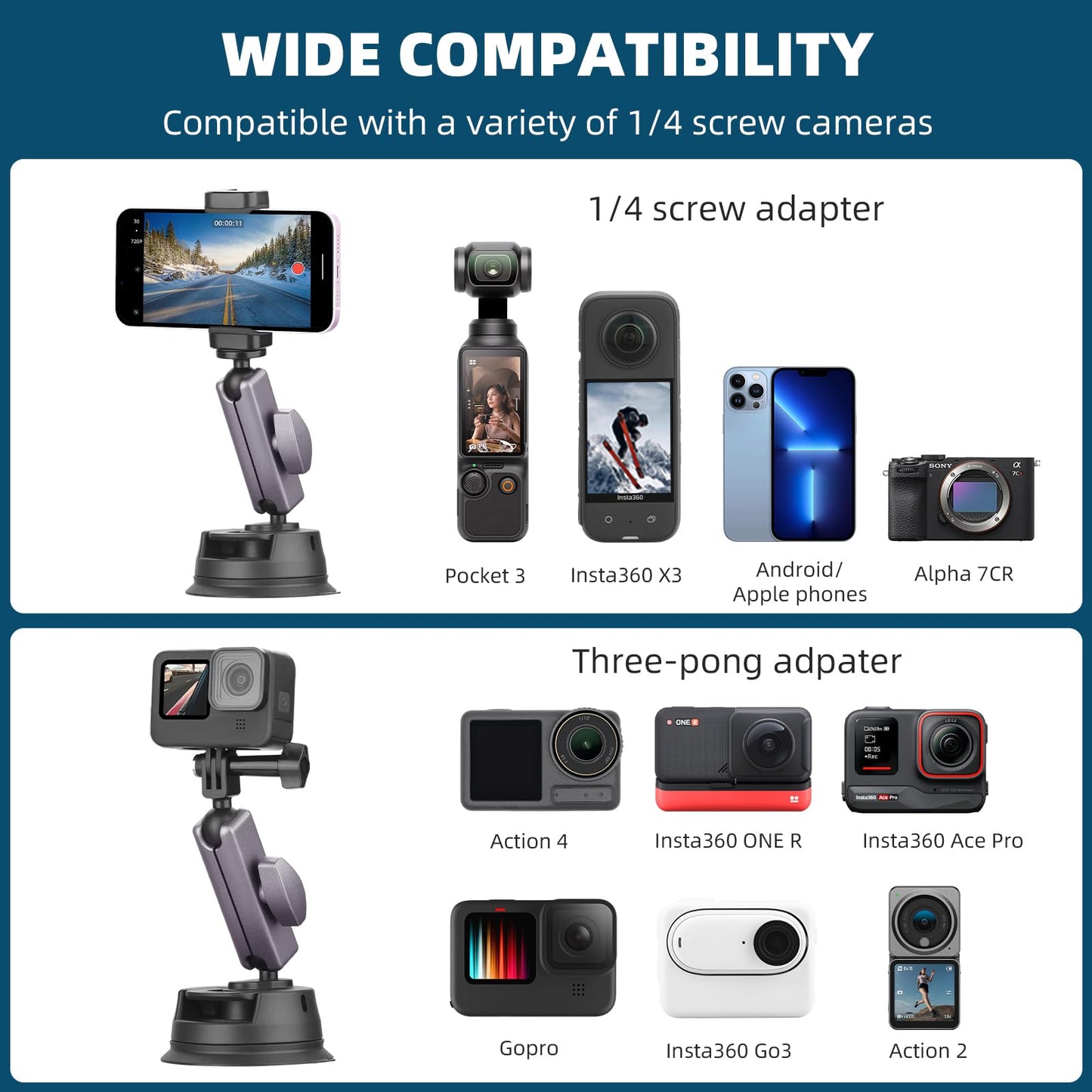 BRDRC Pocket 3 Suction Cup Mount, Car Mount Windshield and Window Camera Holder for DJI Osmo Pocket 3 2, Action 5 Pro 4, Insta360 X4 X3 Go 3S, GoPro