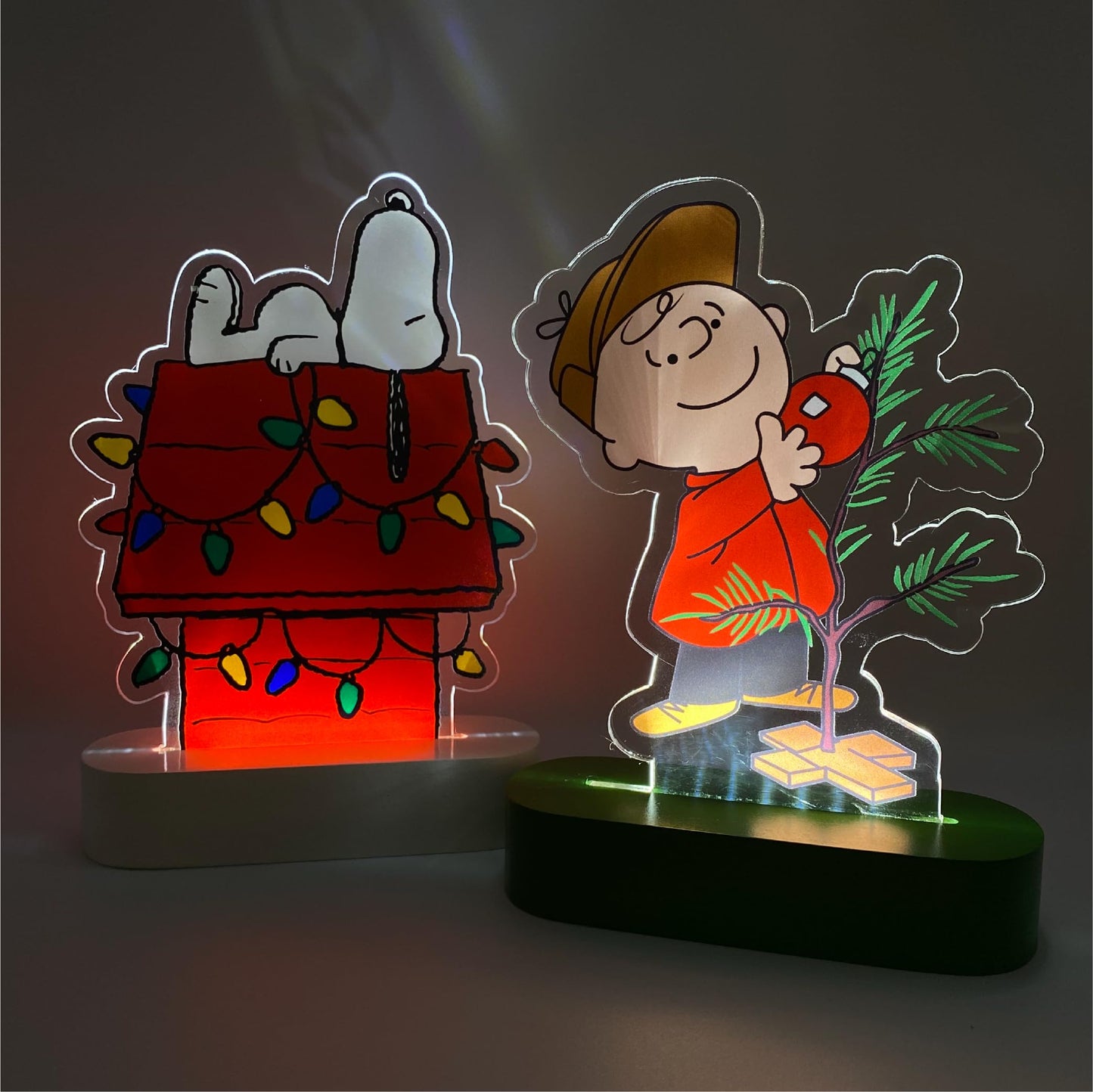 Mark Feldstein, Peanuts Holiday LED Illuminated Acrylic Tabletop Lights, Snoopy's Decorated Doghouse and Charlie Brown's Christmas Tree, 6 Inch (Set