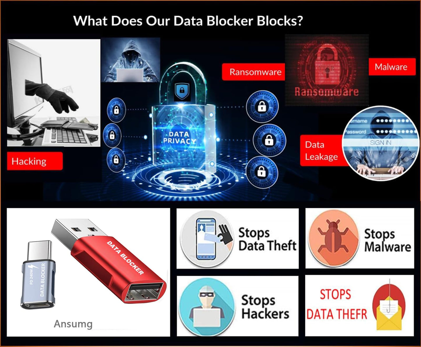Data Blocker, USB A to A & USB C to C Data Blocker, Protect Against Juice Jacking,100% Guaranteed Prevent Hacker Attac,Support Safe Fast Charging up