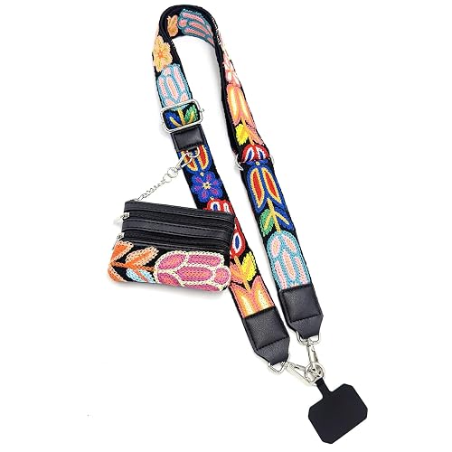 PowerDriver Clip and Go Strap for Phone with Wallet Crossbody,Cute Flower Embroidered Cellphone Lanyard for All Phones (Four Leaf Clover-Black) (Four