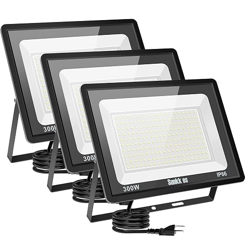 Sunkkes 3 Pack 300W LED Flood Light Outdoor, IP66 Waterproof with Plug, 6000K Daylight White Security Lights Outside Lamp, Exterior Floodlights