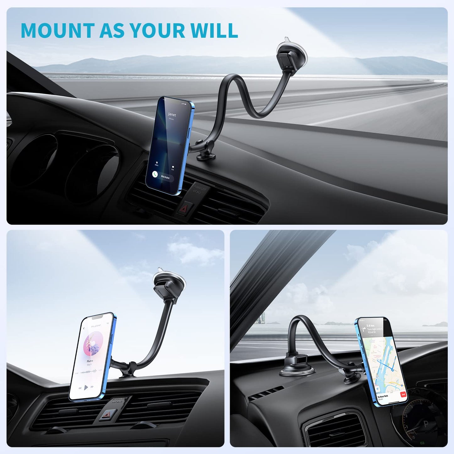 APPS2Car Magnetic Phone Holder Mount with 13-inch Flexible Long Arm & 6 Strong Magnets, Anti-Shake Holder for Truck Windshield Dashboard, Suction Car