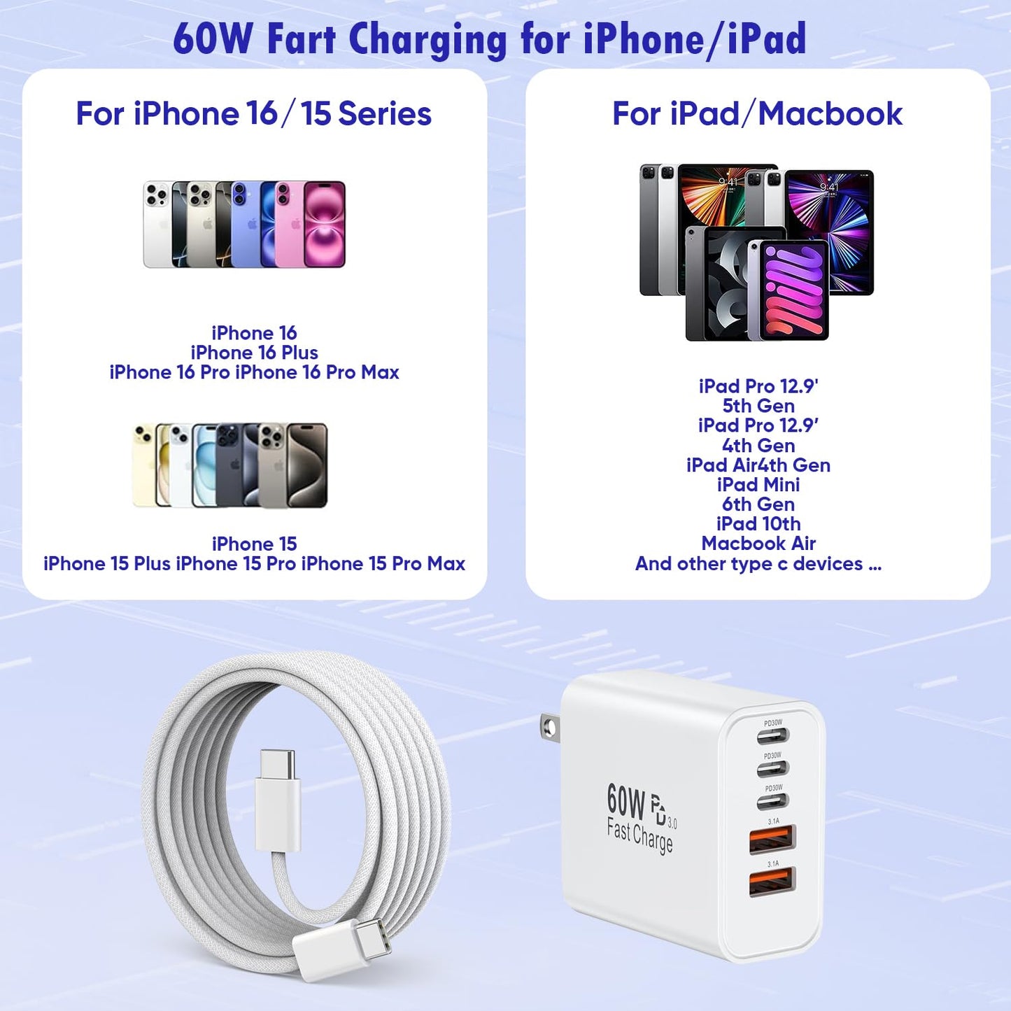 iPhone 17/16 Fast Charger Block,2 Pack 60W USB Charging Block 5-Port Charge Adapter for Apple iPhone Charger with 6FT USB C Woven Fast Charging Cable