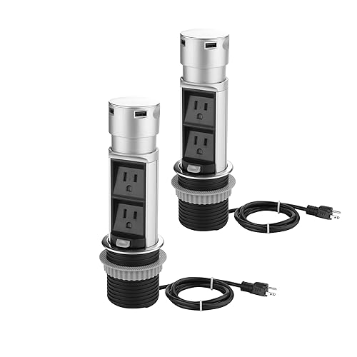 Link2Home 2 Pack Space Saver Pop Up Outlet Station with USB, 2 Power Outlets 15A, 2 USB Ports 2.4A Fast Charge Splash Resistant, Stainless-Steel