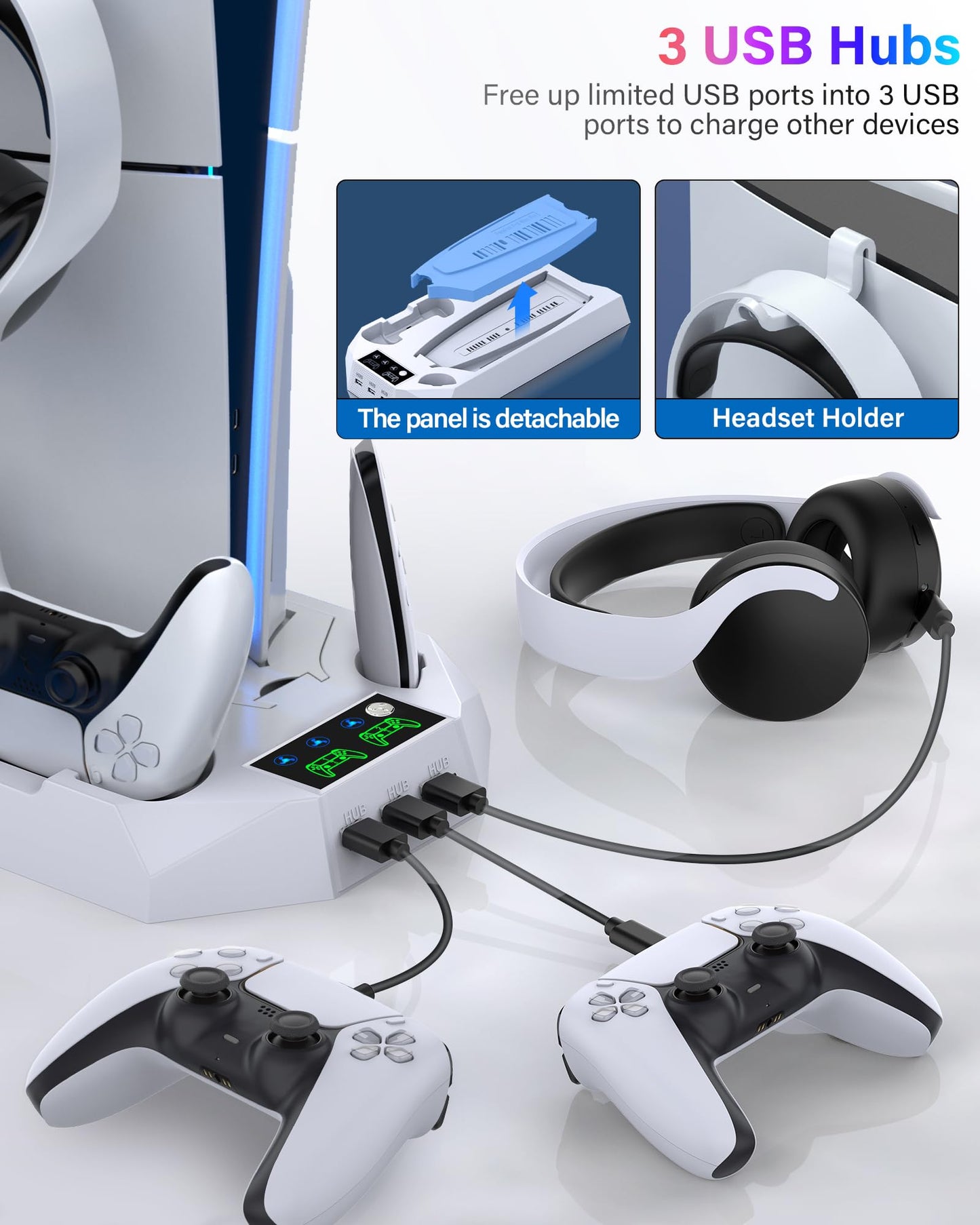 PS5/PS5 Slim/PS5 Pro Stand and Cooling Station with Dual Controller Charging Station for PlayStation 5 Console, PS5 Accessories Incl. Controller
