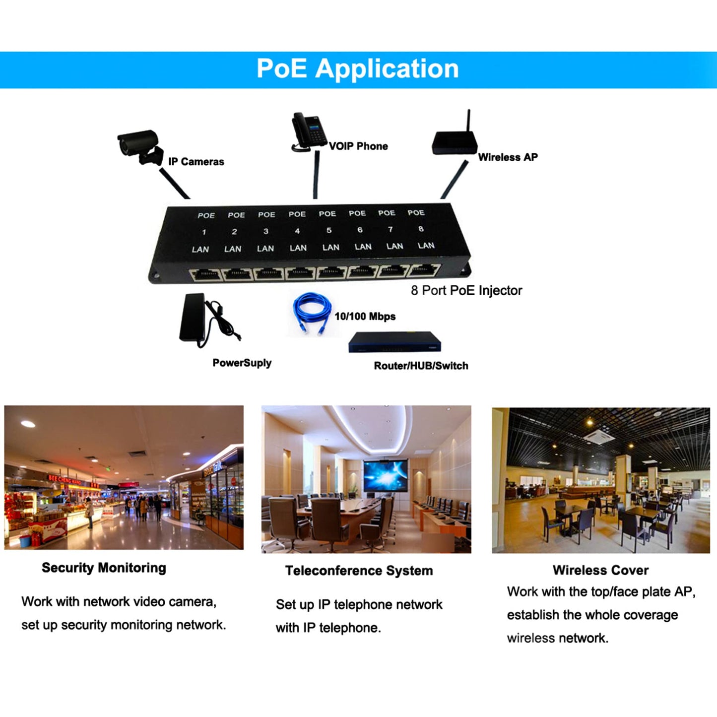 PoE Texas POE-8-24v60w | 24 Volt Passive Power Over Ethernet 10/100 PoE Injector for 8 Ubiquiti, OM2P or Other 24v POE Devices - NOT for 802.11ac