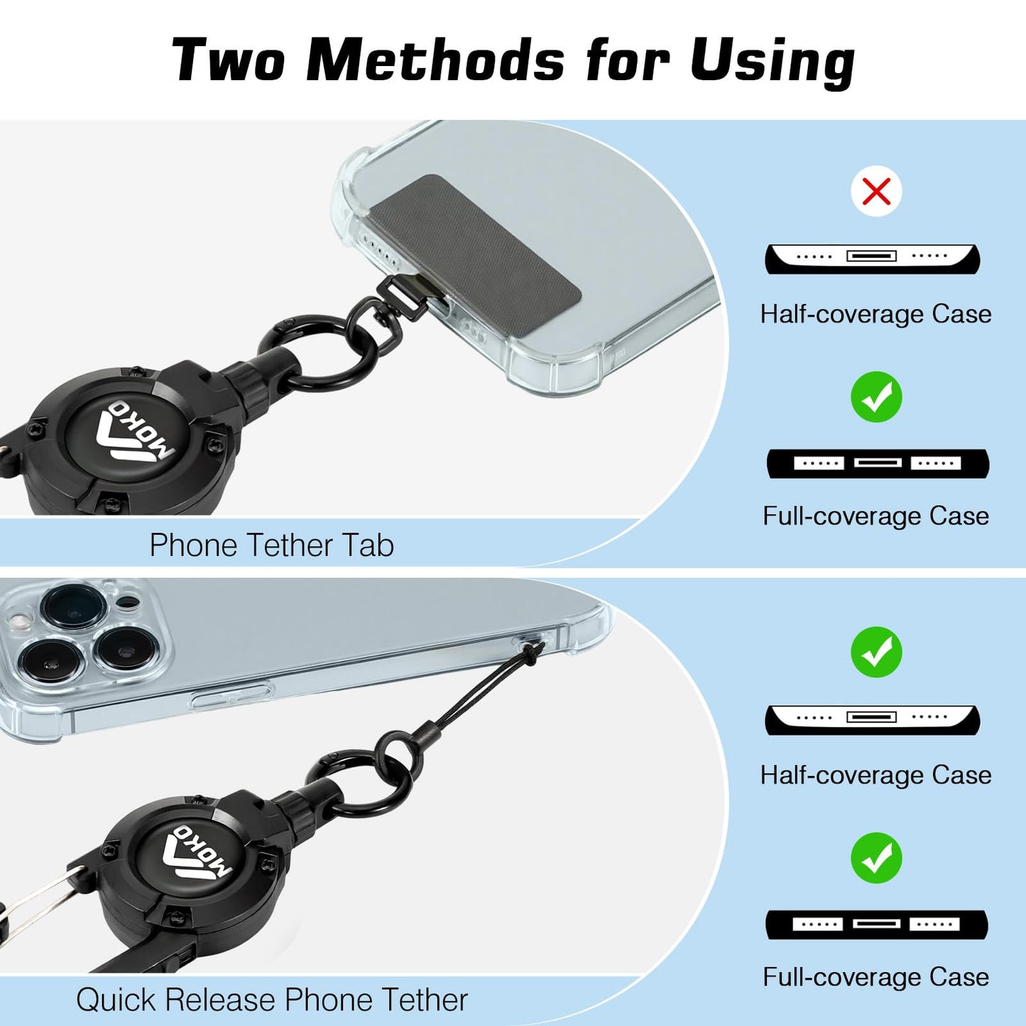 MoKo Anti-theft Phone Tether Lanyard, Retractable & Lockable Steel Line Anti-Drop Phone Strap with 360° Tether Tab, Badge Reel, Keychain for Outdoor