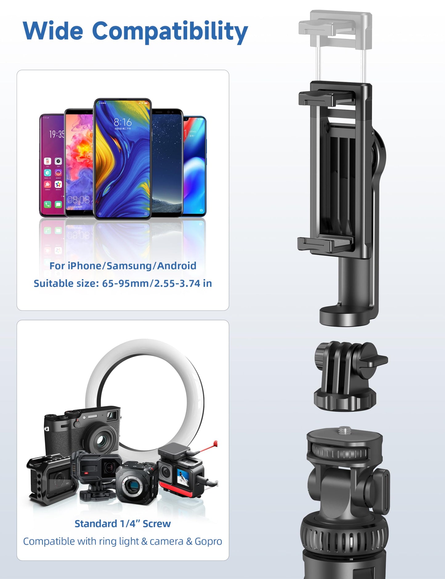 75" Phone Tripod, Selfie Stick with Remote and Phone Holder, Extendable Tripod for iPhone, Aluminum Cellphone TripodStand 360° Rotation Travel Tripods