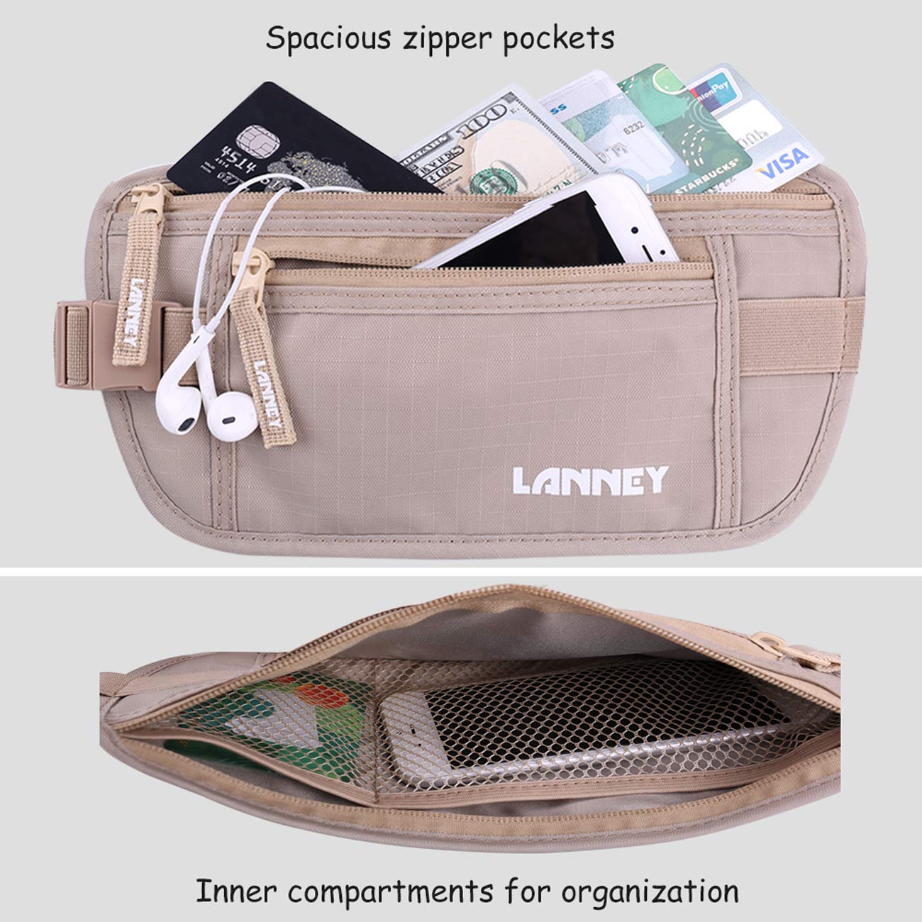 Slim RFID Blocking Money Belt for Travel, Hidden Pouch for Passport, Cash, Cards with 10 RFID Sleeves for Men & Women