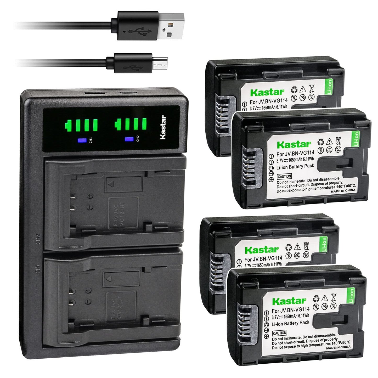 Kastar 4-Pack Battery and LTD2 USB Charger Replacement for JVC Everio GZ-HM320U GZ-HD620U, GZ-HM300SEK GZ-HM300SEU GZ-HM300U, Everio GZ-HM310, Everio