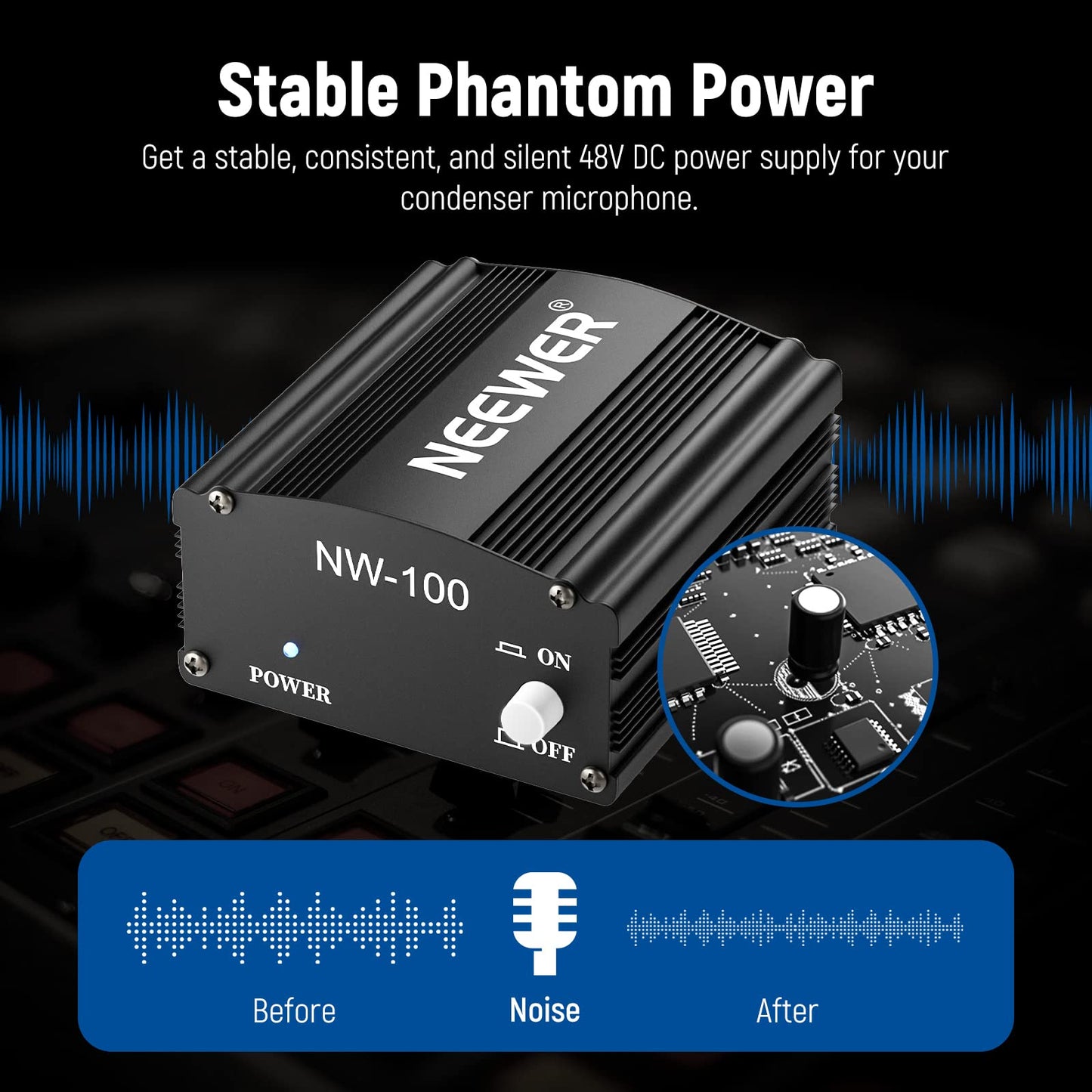 Neewer 1-Channel 48V Phantom Power Supply with Adapter, BONUS+XLR 3 Pin Microphone Cable for Any Condenser Microphone Music Recording Equipment (8
