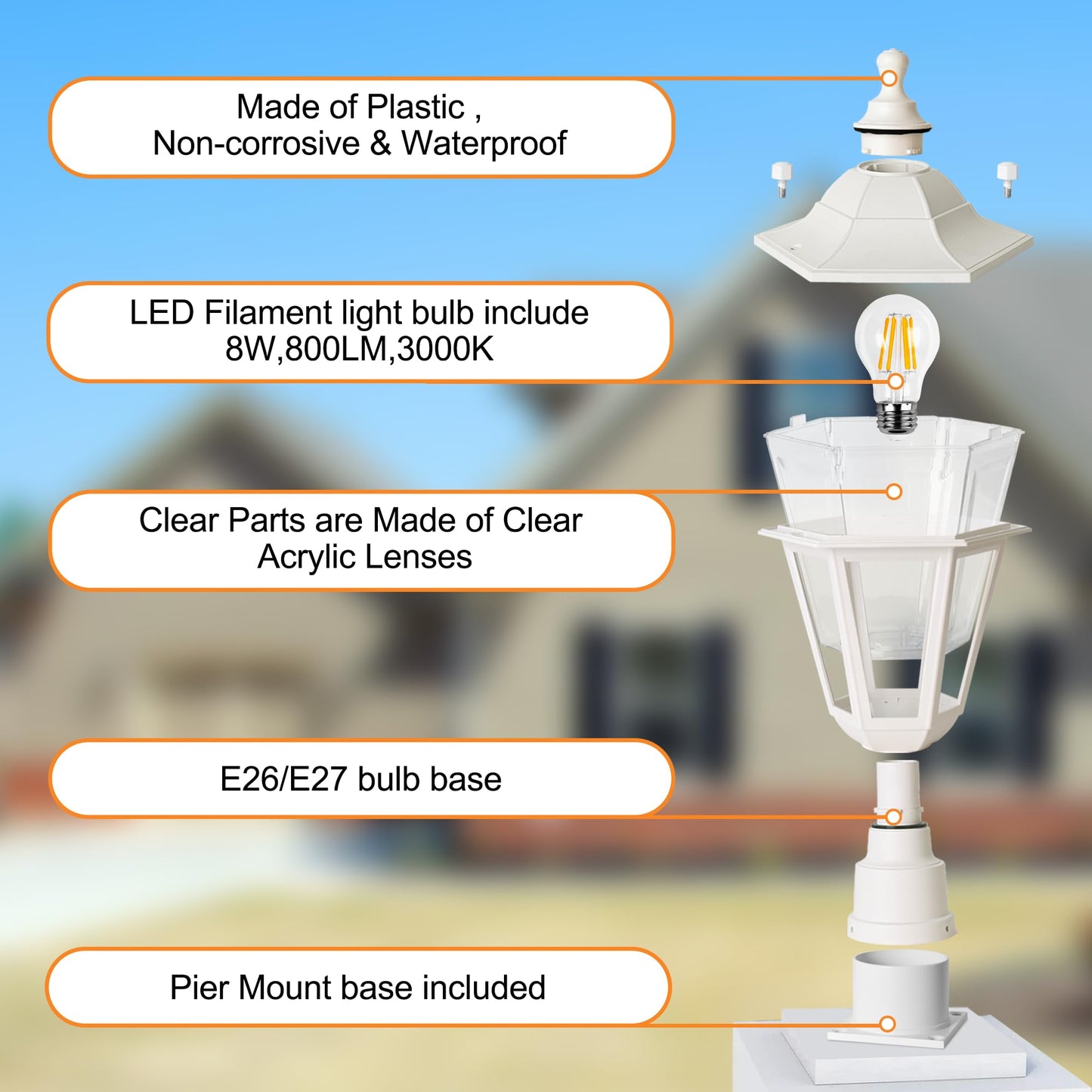 FUDESY Outdoor Post Light, Outdoor White Lamp Post Light Fixture with Pier Mount Base, Waterproof Pole Light Fixture with E26 Socket, Exterior Lamp