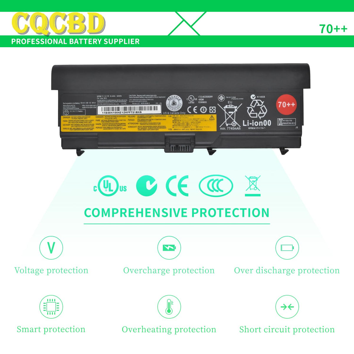CQCQ 70++ Laptop Battery for Lenovo ThinkPad T430 T420 T410 T530 T520 T510 W530 W520 W510 L430 L420 L412 L530 L520 L512 45N1011 45N1010 0A36302