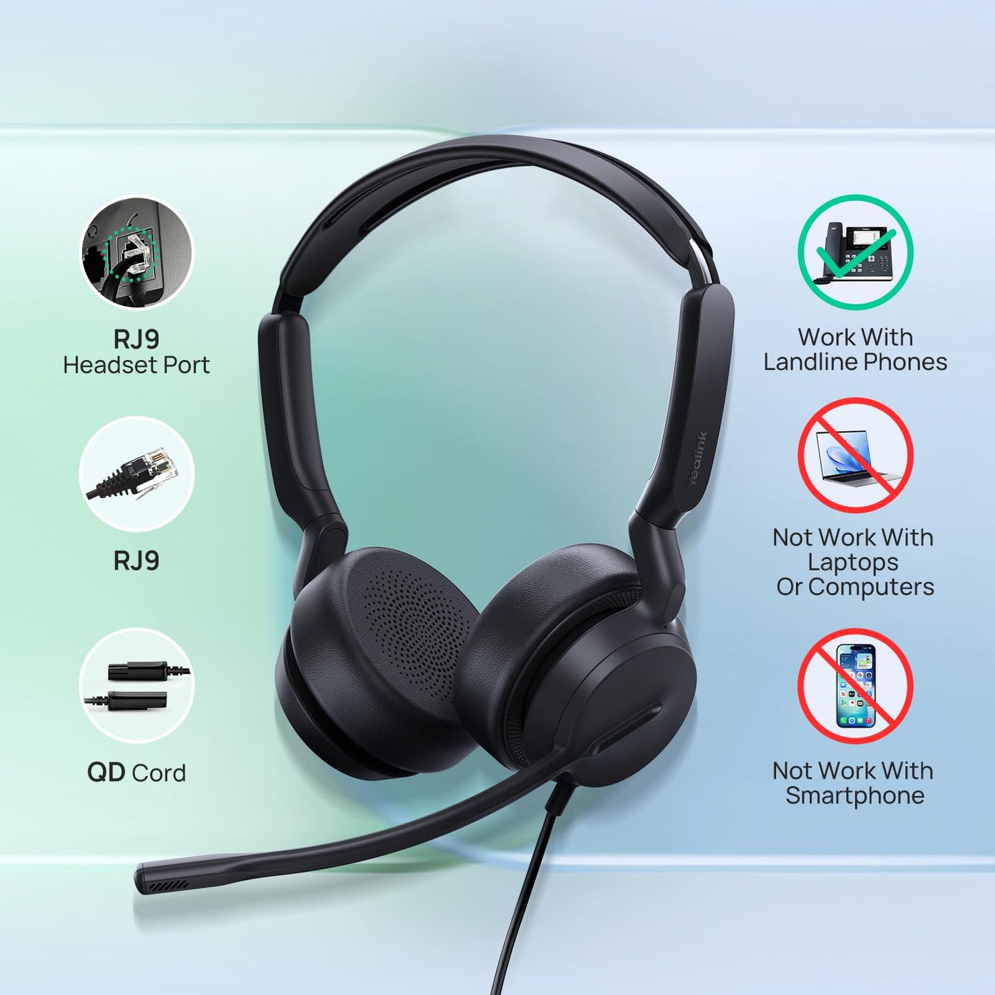 Yealink Phone Headsets for Office Phones YHS36 E2 QD to RJ9 Wired Headset Compatible with Poly Snom Phones Desk Landline VoIP Headset with Microphone