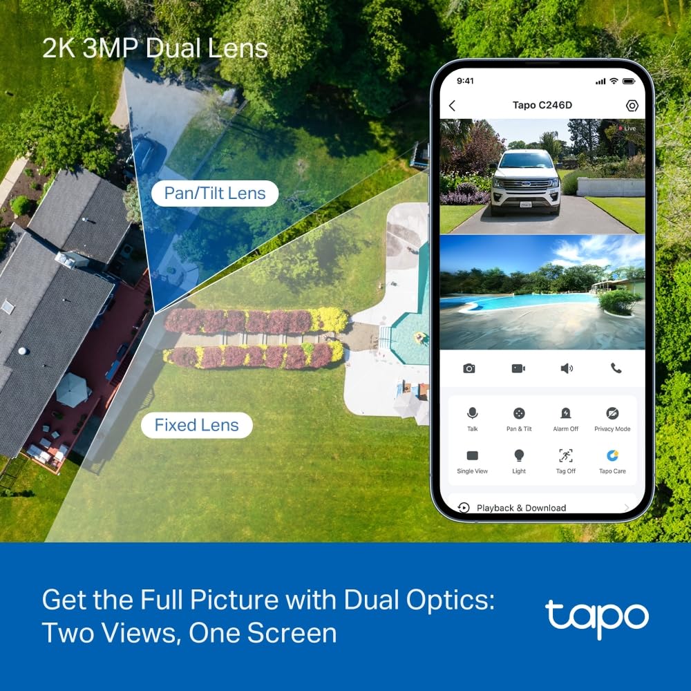 Tapo 2K Indoor/Outdoor Dual Lens Pan/Tilt Wired Security Camera - 125° Wide-Angle View + 6mm Zoom, Motion Track, Person/Vehicle Detection