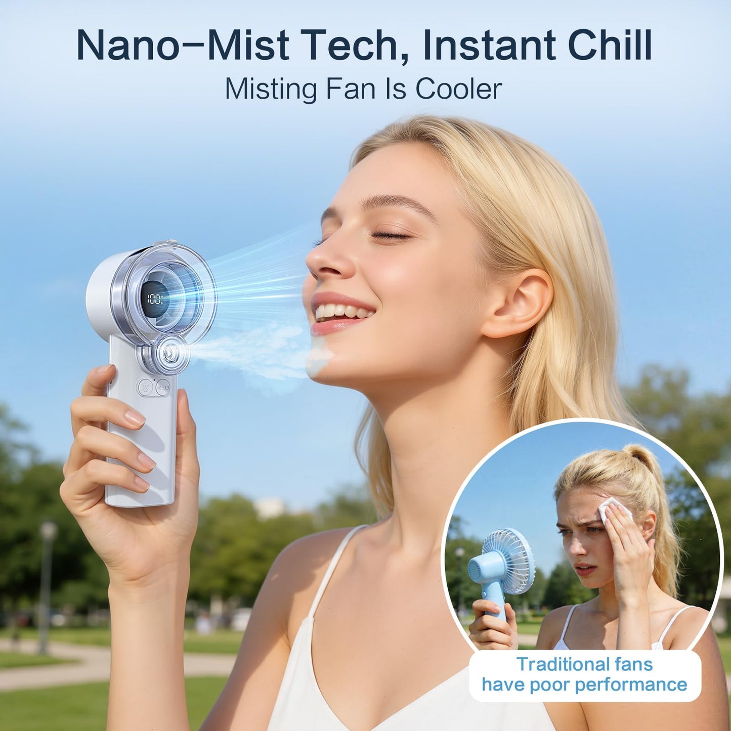FONASONIC 2-in-1 Handheld Misting Fan, Portable Water Spray Fan Rechargeable with 5 Speeds & LED Display, Personal Mini Cooling Fan with Detachable