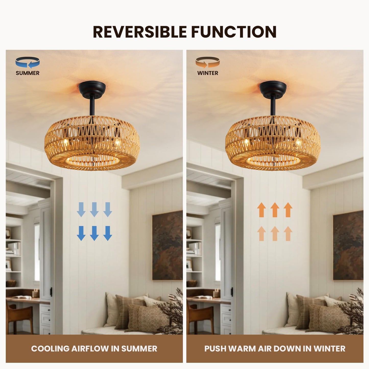 MOOONICHE 20" Boho Caged Ceiling Fan with Lights Remote Control, Rattan Cage Low Profile Bladeless Ceiling Fan, Farmhouse Ceiling Fans with Light