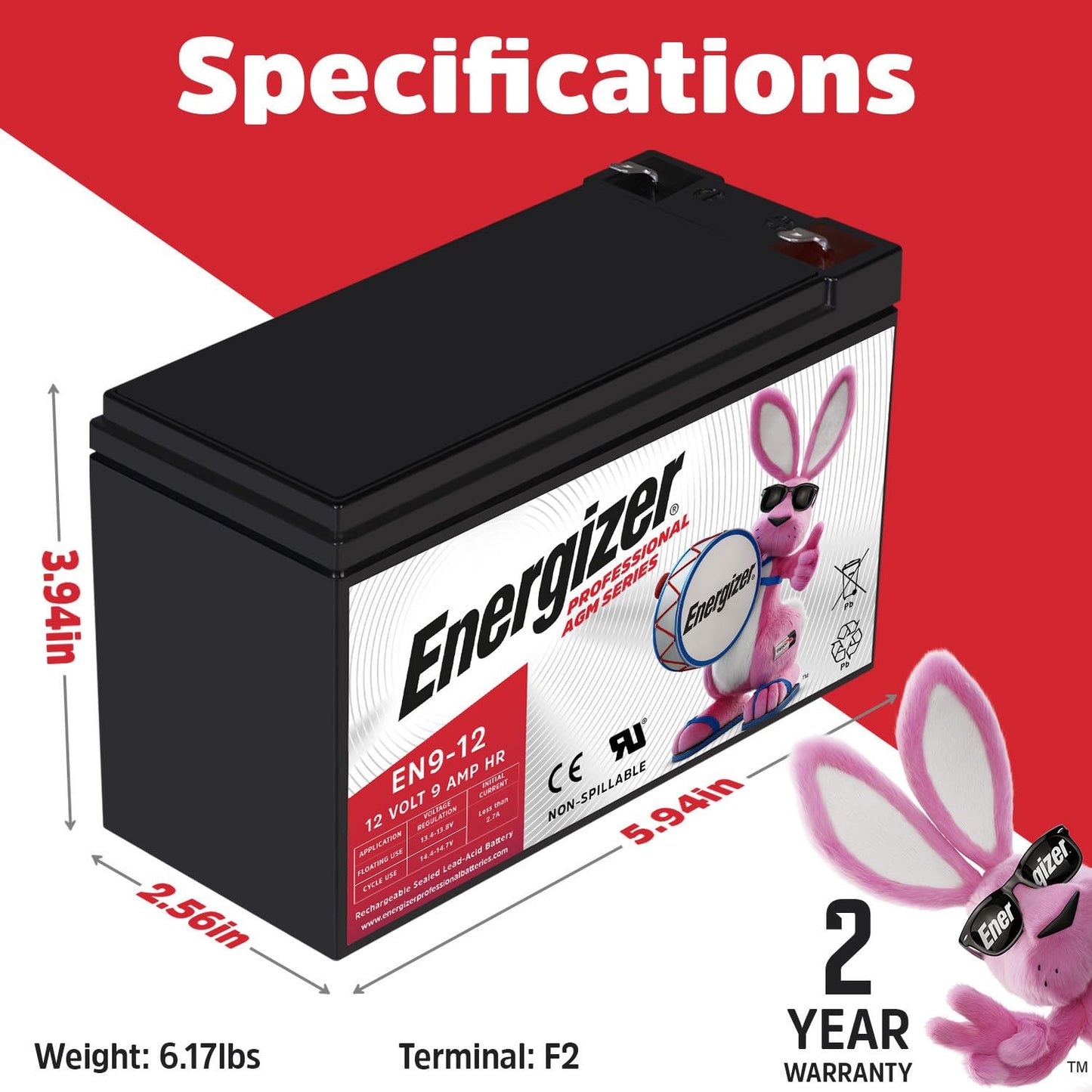 Energizer EN9-12, 12 Volt 9 Amp Hr, Long Lasting Sealed Lead Acid AGM Rechargeable Battery Ideal for Use in Home Alarm Systems, Backup Power…