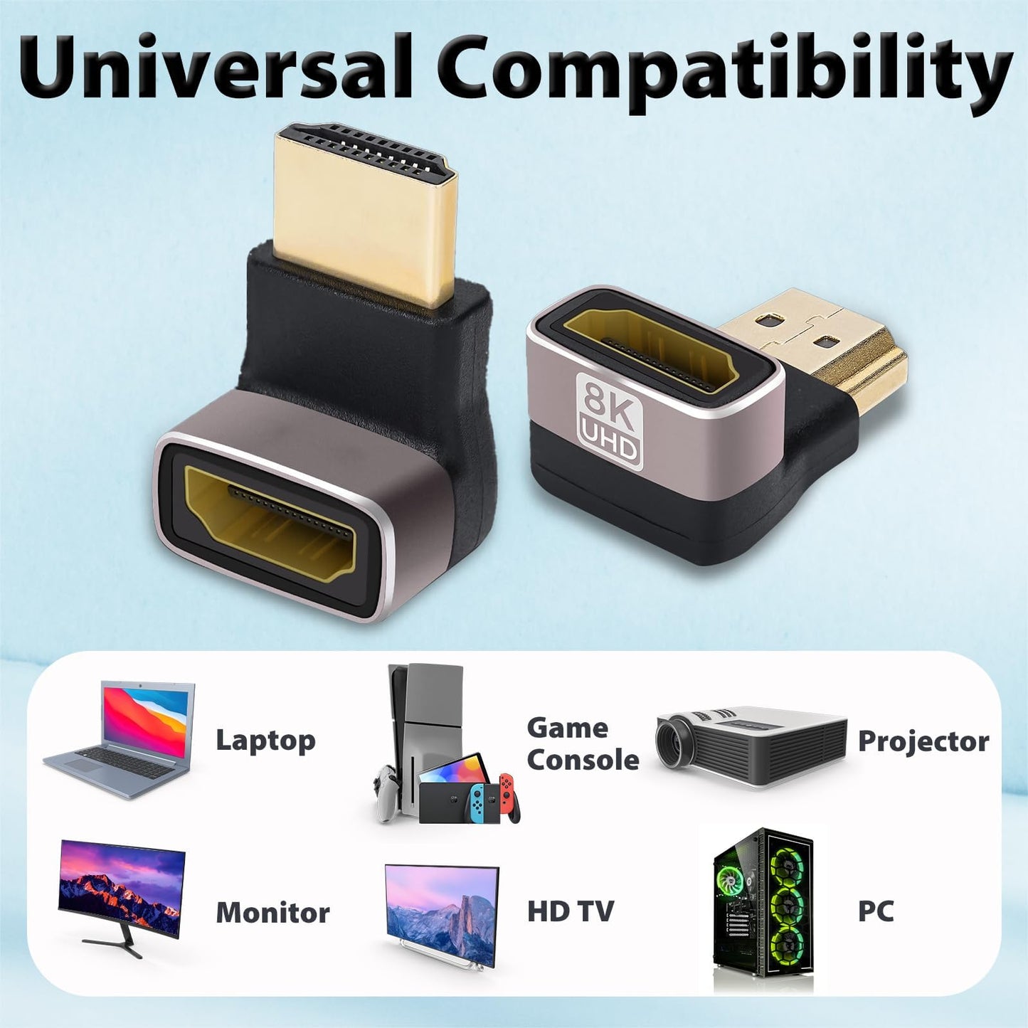 Cyberguys! 2Pack HDMI 90 Degree Adapter, 90 & 270 Right Angle HDMI Coupler, 8K@60Hz, 4K@120Hz, 3D Support, HDMI 2.1 Compatible, 24K Gold Plated
