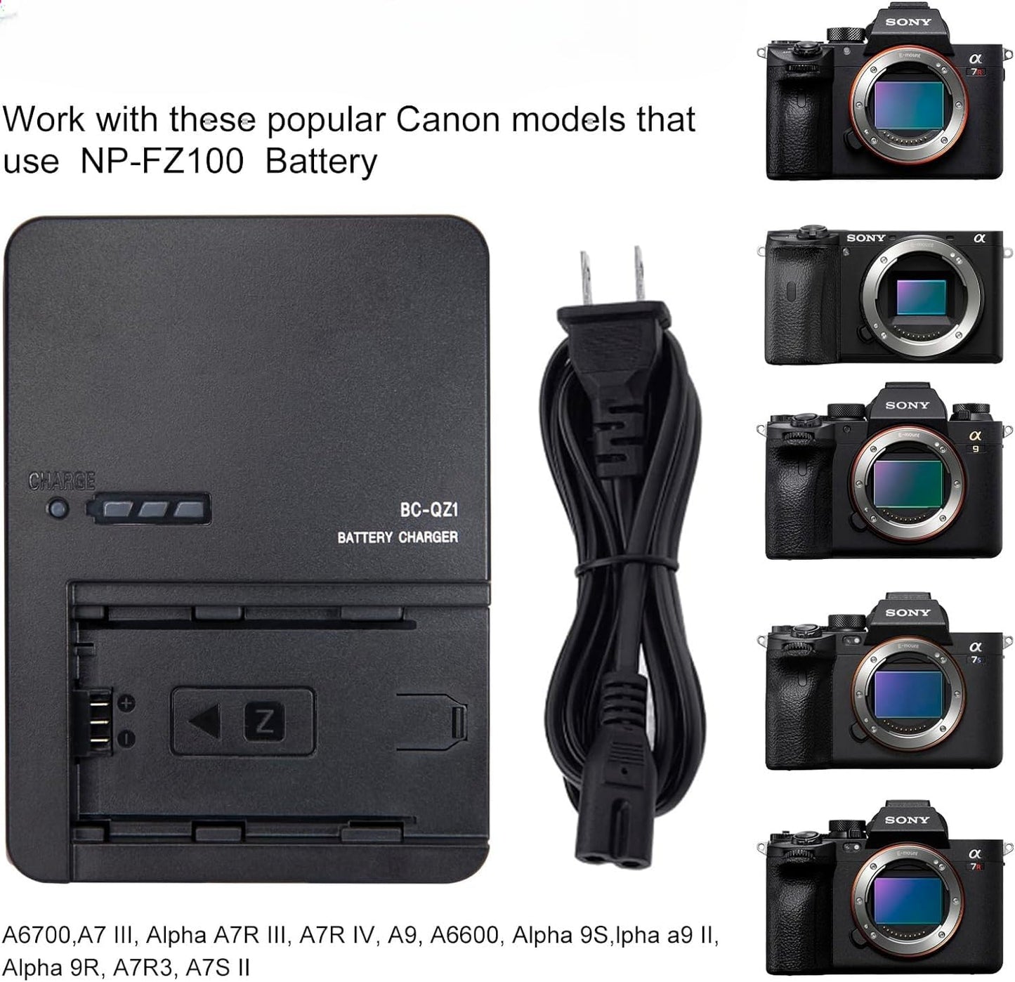 BC-QZ1 Battery Charger for Sony NP-FZ100 Battery Compatible with Sony z-Series ZV-E1 FX3 FX30 A1 A6600 A6700 A7C A7C II A7CR A7S A7S III A7 III A7R