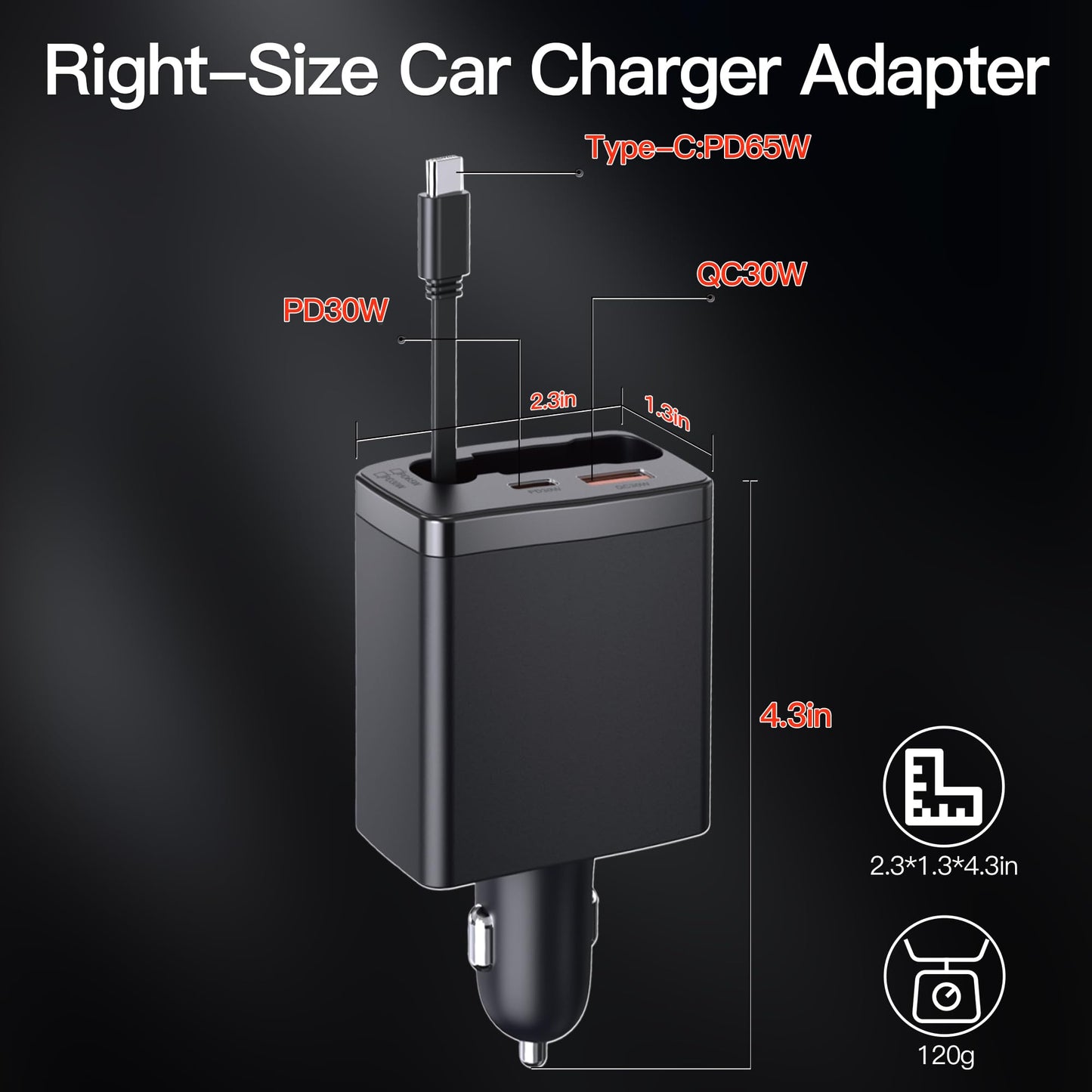 65W Laptop Car Charger with Retractable Cable, 3-in-1 125W Fast USB C Car Charger Adapter, USB-A & Dual USB-C Ports for iPhone 15/14/13, Samsung