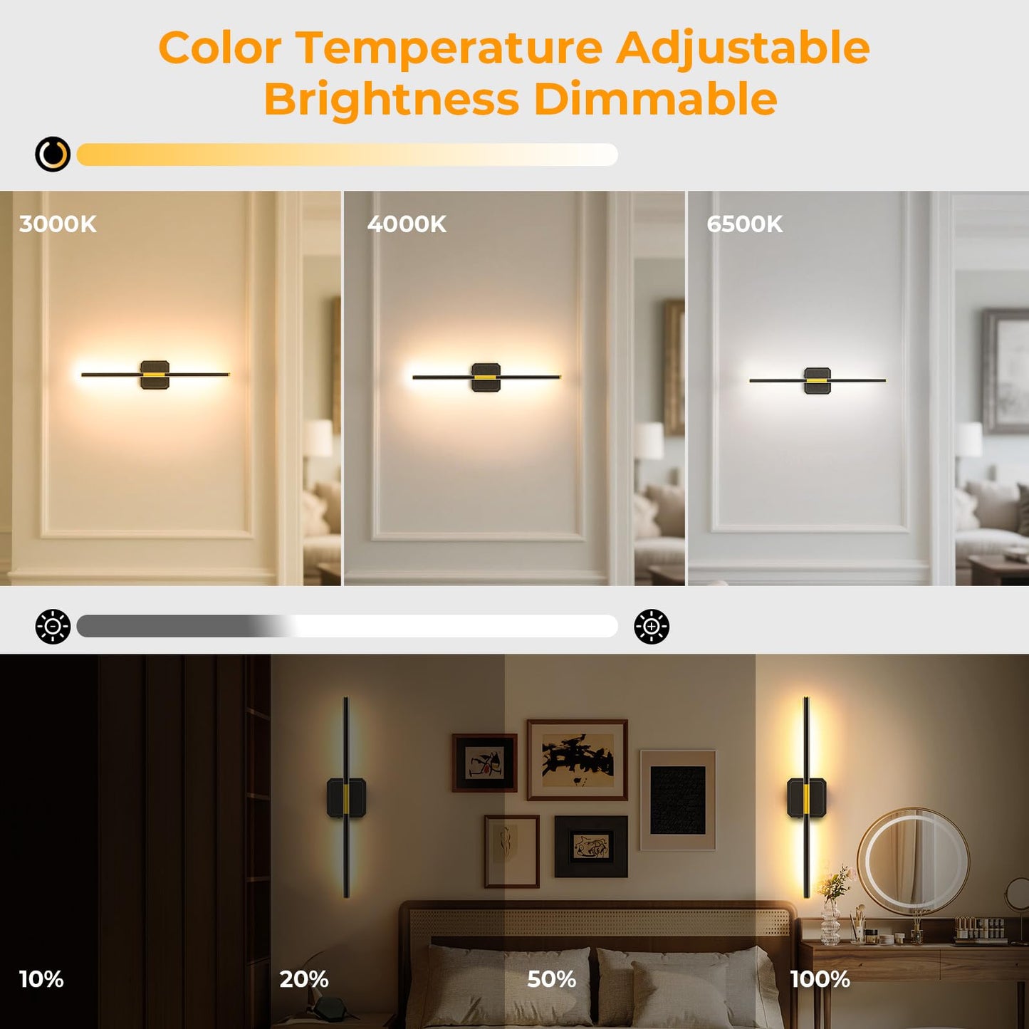 GvvooHome Battery Operated Wall Sconces Set of 2, Detachable 360°Rotate Wall Lamps, 3000-6500K Dimmable with Remote Control, 10000mAh Rechargeable