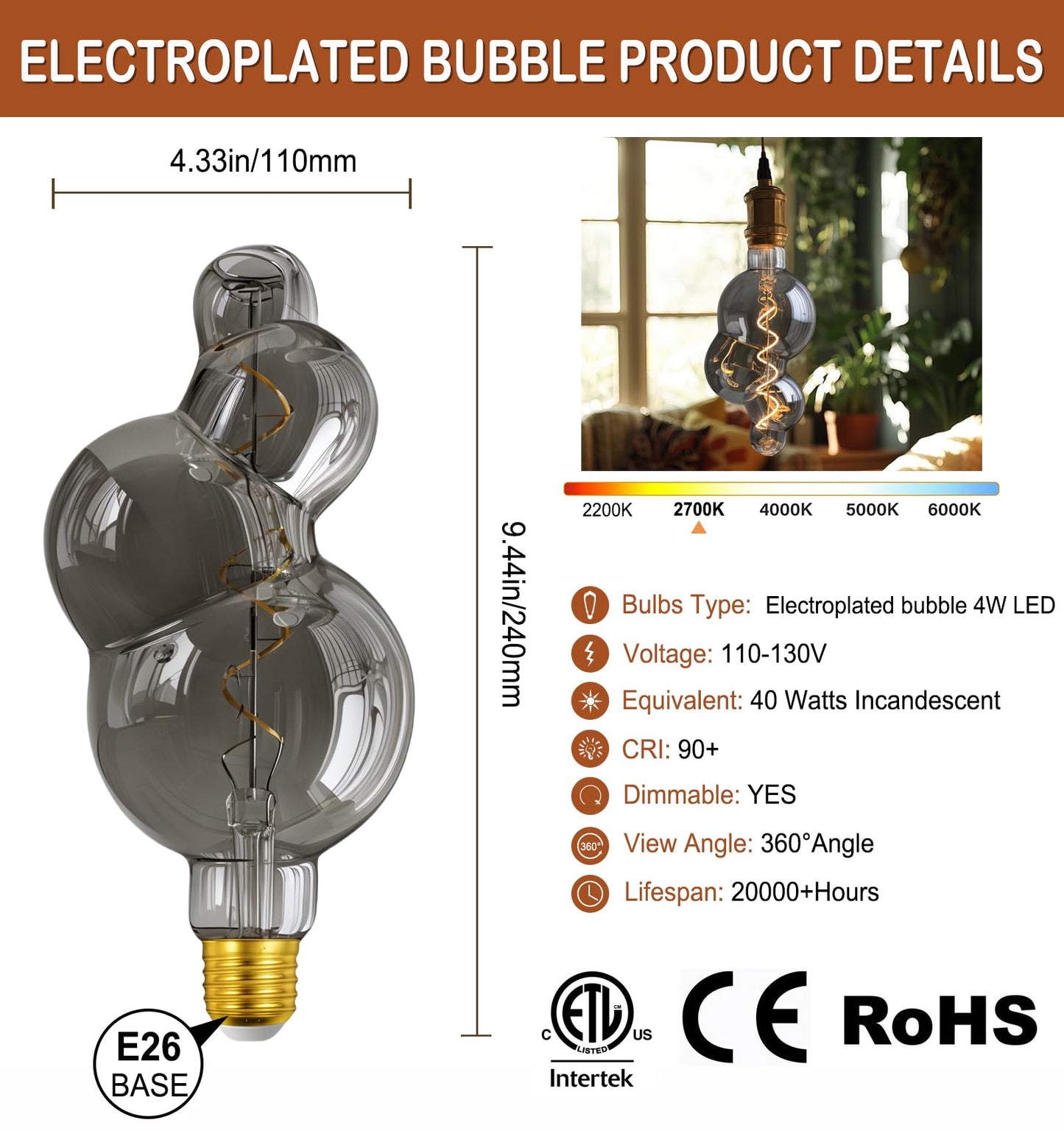 MYEARAYS 4W Filament 2700K Warm Lights,Dimmable E26 Lamp Base,1-Pack