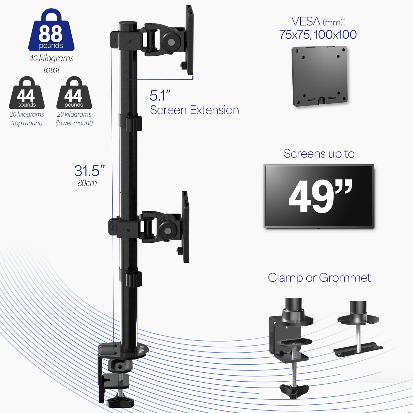 VIVO Dual Vertically Stacked Ultra-Wide Monitor Desk Mount for up to 49 inch Ultrawide Screens, Extra Tall Heavy Duty Adjustable Stand Holds 44 lbs