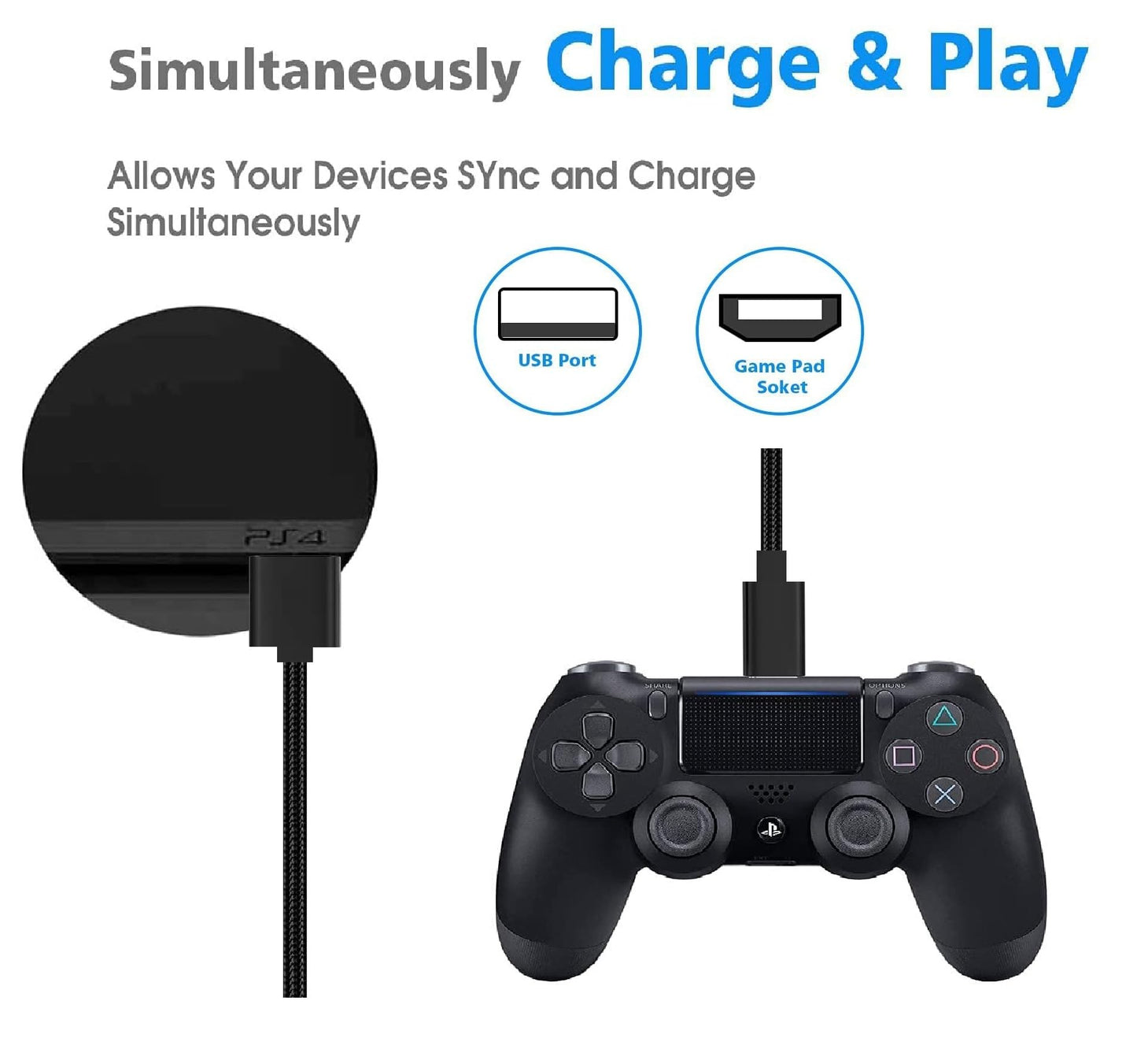 PS4 Controller Charger Cable 2-Pack 10FT Nylon Braided Micro USB Cord Play and Charger Data Sync Cord for PS4 Pro/ PS4 Slim/ DualShock 4, Xbox One