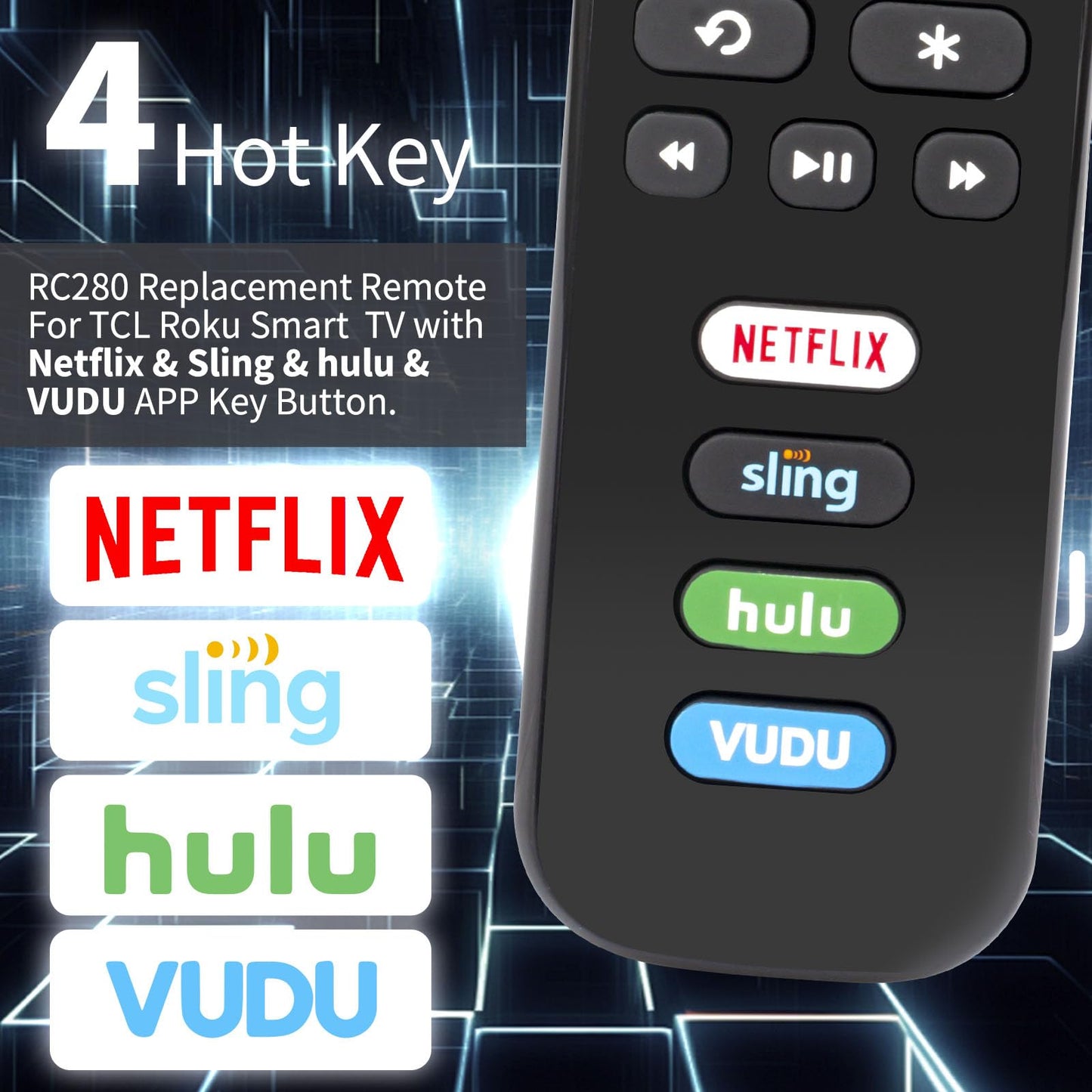 RC280 Replacement Remote with Netflix Sling Hulu Vudu Key Compatible with TCL 32S301 43S403