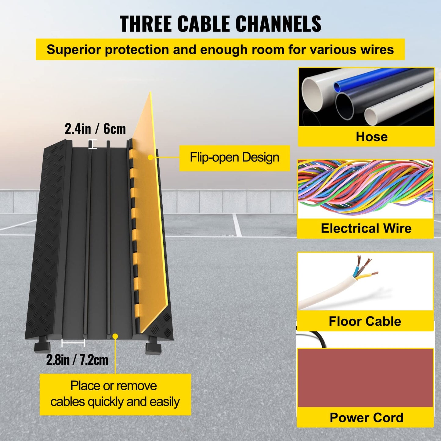 VEVOR 3-Channel Rubber Cable Protector Ramps Heavy Duty 44000Lbs Load Capacity Cable Wire Floor Cord Cover Ramp Speed Bump Driveway Hose Cable Ramp