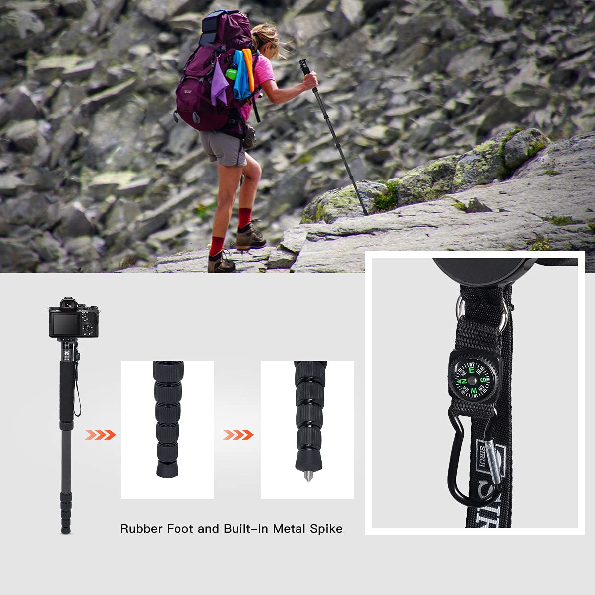 SIRUI Camera Monopod P-326 6 Section Carbon Fiber Compact Lightweight Travel Monopod