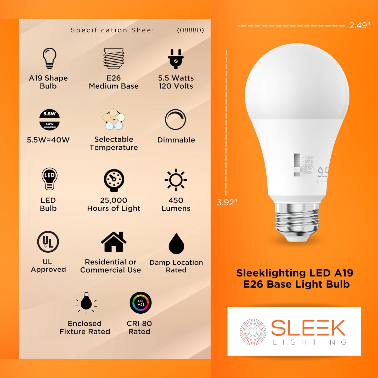 SLEEKLIGHTING A19 40W Equivalent 5.5 Watt LED Bulb, 5 CCT (2700K, 3000K, 3500K, 4000K, 5000K) 450 Lumens, Dimmable, Energy Star, E26 Base - (4 Pack)